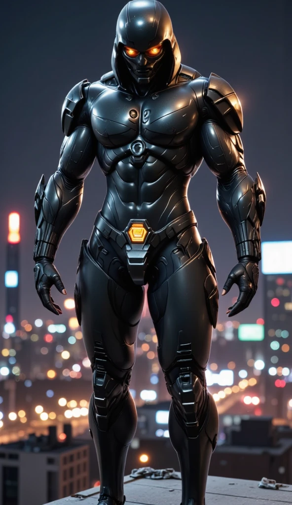 two full-body image of a muscular adult male.black leather full-body image 、and hood, a hooded person in invisible armor . wears leather armor, Tights.epic ninja suit, rogue.Leather fit to cover the whole body. smooth leather .Boy age Assassin , stealth suit , cyberpunk assassin , stand on the roof of a skyscraper. . black night . Dark atmosphere .Low light.Weak lights cast dramatic shadows. Weird cyberpunk atmosphere . cyberpunk city.Futuristic tech style,robot,mecha skin,latex bodysuit .whole body image.Handheld composite mechanical giant bow.full body photo