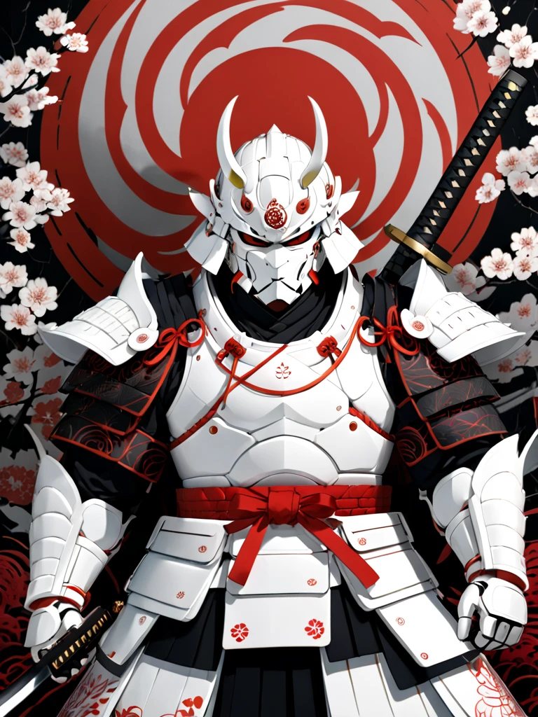 
in high definition white samurai, with white samurai armor, covered in black an red  lines in an intricate writing of Japanese kanyes. in a defensive position with a black katana, all Japanese anime style in high definition and 8k. ancient and mystical japanese background