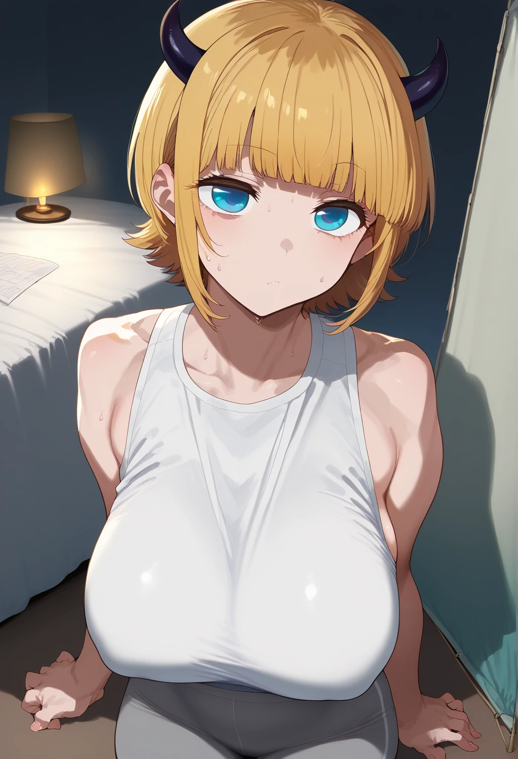  Surrender,   MEMcho, blonde hair, blue eyes, blunt bangs, demon horns, fake horns, horns, short hair,   perfect face,   perfect lighting, expressionless  , Thighs ,large breasts, 太いThighs、sweat,、  sleeveless 、gray leggings  、Boob Tent、  dark bedroom 、、