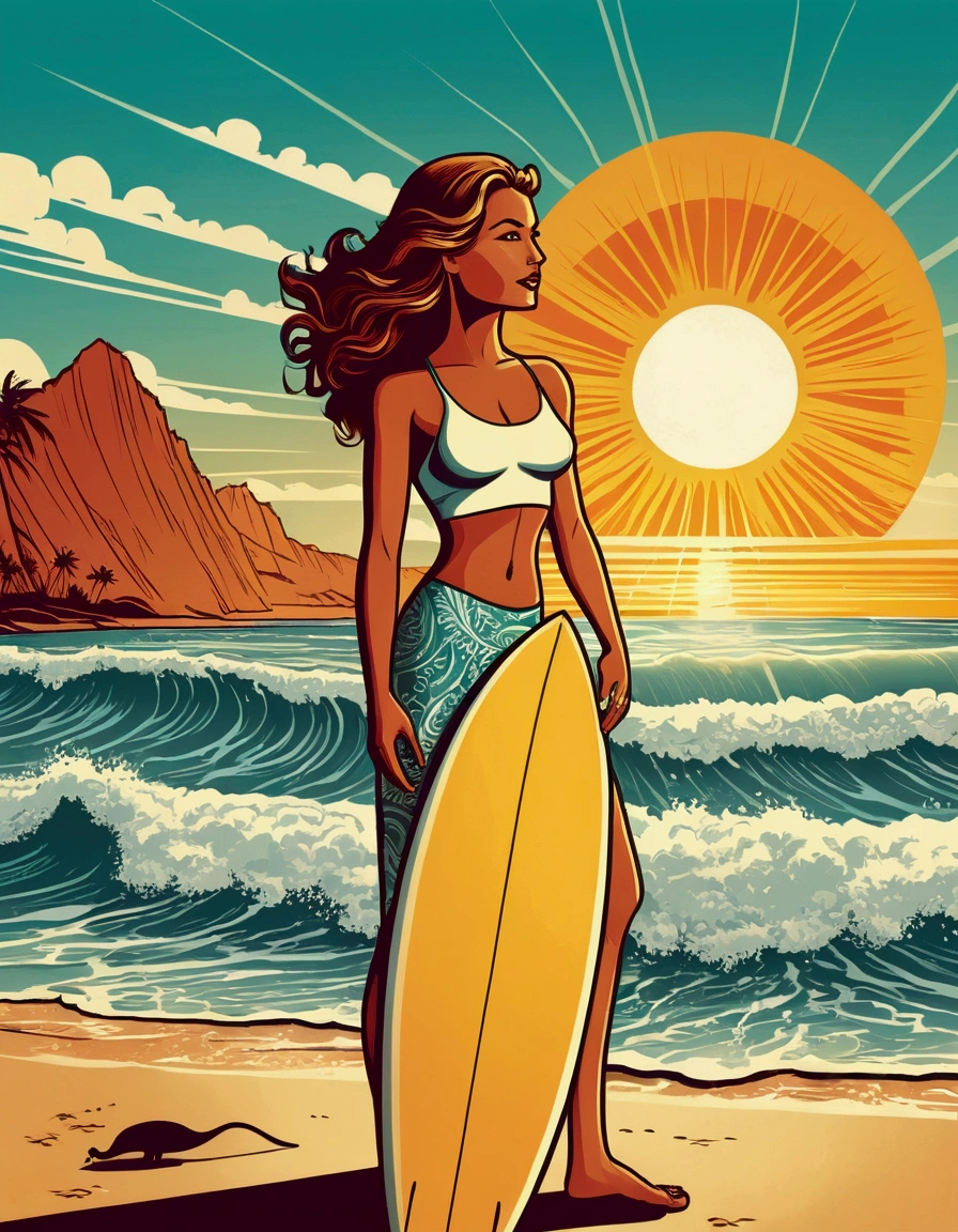 A Hawaiian style t-shirt print, happy volcanoes, ripples, surfboard, palmtrees, Hawaiian woman surfing in the distance and flowers on the edges. style cartoon, high quality 2000x2000