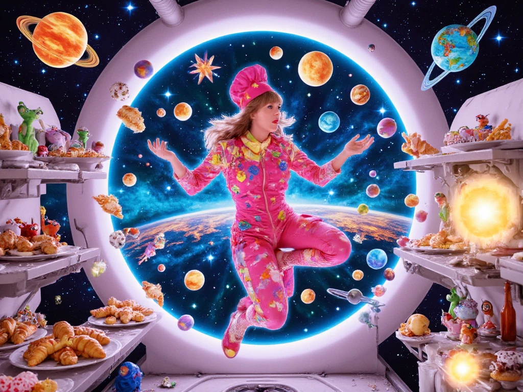 (best quality, 128k,highres,masterpiece:1.2),ultra-detailed,(realistic,photorealistic,photo-realistic:1.37), ((masterpiece)) ((photography)) ((Highest quality))  A humorous and colorful digital illustration of Taylor Swift as an intergalactic baker. She is floating in zero gravity aboard a futuristic spaceship bakery, wearing a sparkly, neon-pink spacesuit with a chef's hat adorned with glowing stars. She's juggling alien pastries shaped like planets, moons, and galaxies, with vibrant icing and edible glitter. The spaceship interior is filled with colorful floating baking tools, cosmic flour clouds, and ovens powered by mini supernovas. Outside the spaceship's window, a colorful nebula and a fleet of alien customers waiting for her signature space croissants add to the whimsical, lighthearted vibe.