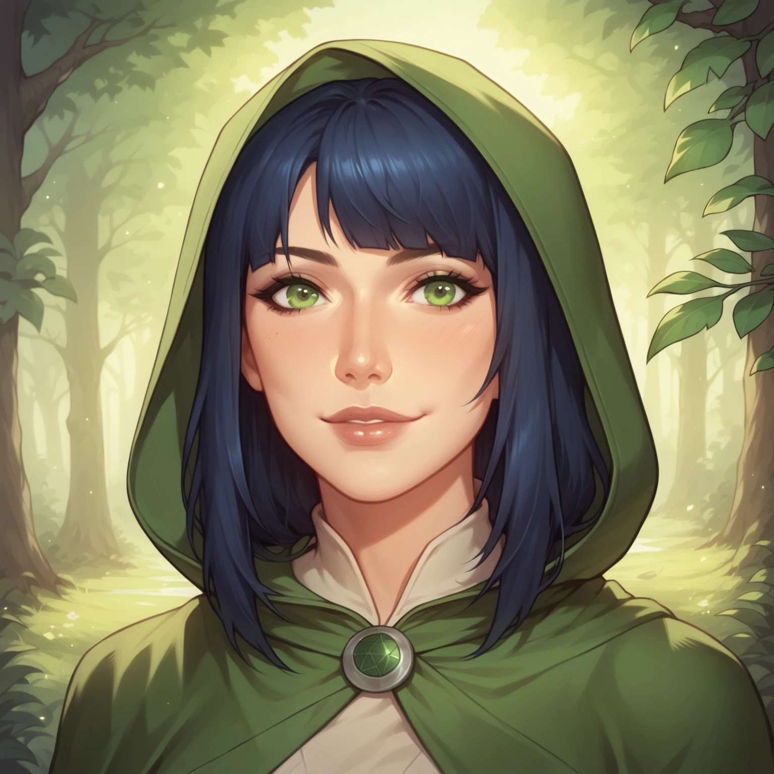 (((beautiful, high quality, comics style, detailed face))), score_9, score_8_up, score_7_up, BREAK, asian woman, (wearing a rogue outfit, hood, bandoleer, cloak), green eyes, dark blue hair, hime cut hair, lovely, , gentle smile, 1girl, female focus, solo, portrait, upper body, portrait, fantasy, nighttime, forest background, (dynamic lighting:1.1) ((masterpiece)), Expressiveh, detailxl