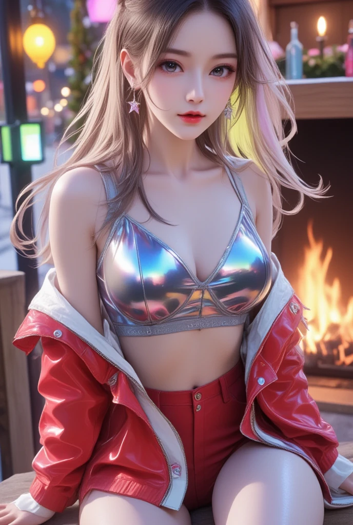 (Highest quality), (Ultra-high resolution), Soft Light, (Realistic), RAW Photos, Japanese, 1girl, cute, (pupil, Light in your eyes), (night sky), big fireworks, white hair, lipstick, eyeshadow, eyeliner, choker, ((red frame eyewear)), sandal, ((Sweaty skin)), ((micro bikini)), abs, (High resolution detail of human skin texture), full body