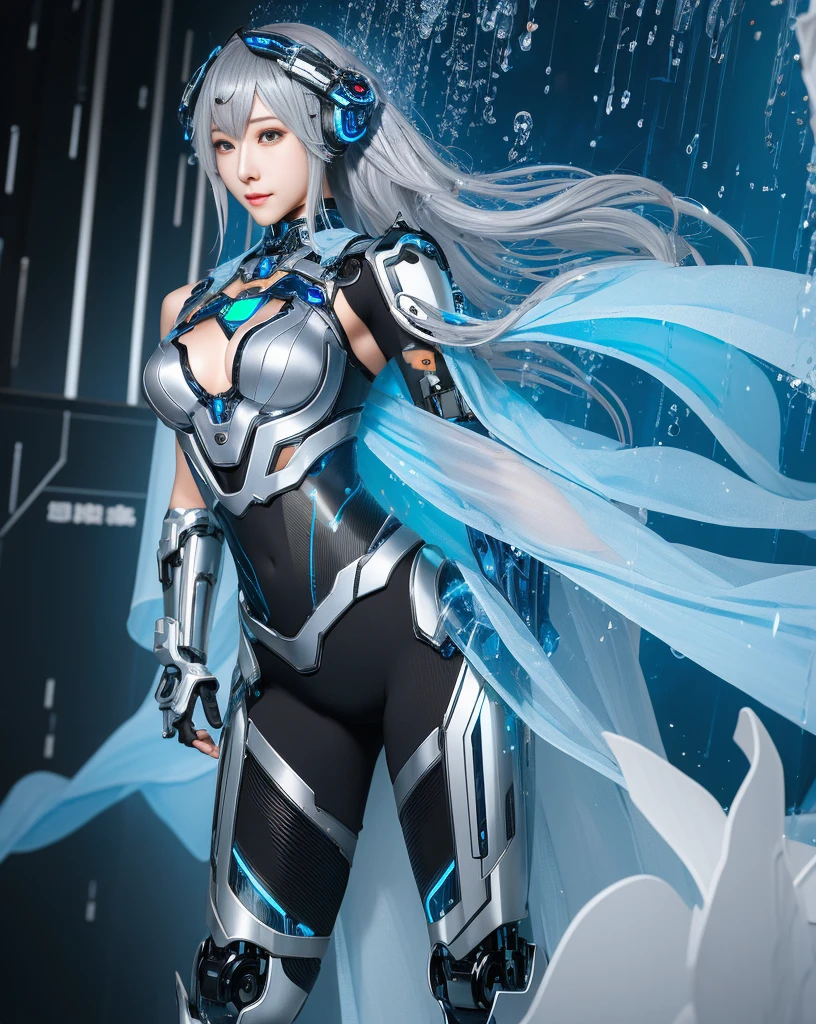 textured skin, Super detailed,  top quality ,  high resolution , Super detailed , high quality,  best quality ,  high resolution ，1 female robot, Beautiful Clear Face (Rain Wave_ haneame：1.5)， thick mechanical armor (Black and silver ，Showing upper chest、Shoulder、Some thighs )， Mechanically Armored Arms and Legs (皮膚的Shoulder和臀部)，Transparent goggles on the head， pronounced body curves 