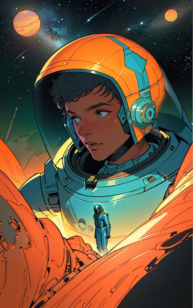 a close up of a person in a space suit flying through the air, , Dan McPharlin, Retro 1960s Sci - Fi Art , Beeple y Jean Giraud, Beeple and Tim Hildebrandt, greg beeple, women androids , science fiction illustrations , Vintage sci-fi art