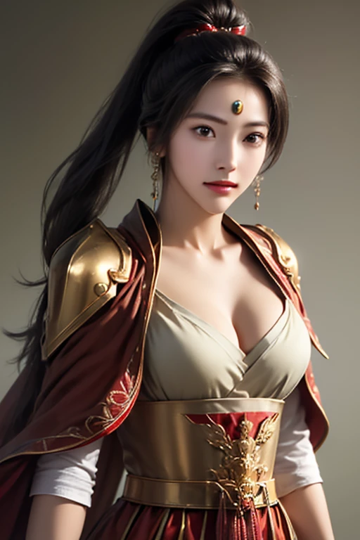 ((The upper body of a female warrior wearing gold and red armor and cloak:1.3)), 1 person,20th generation, black hair, ponytail,(( Exposed Cleavage  :1.1)),Symmetrical normal eyes   ,((No accessory on the forehead)), high-definition face and skin texture , Angry face , stare at the camera ,   Chinese Warrior ,  perfect beauty: 1.4, fine grain, double eyelids in judo uniforms,  whitening for women with bristles, top quality,  super high res , simple background,((  slim waist :1.4)),  hair ornament:1.3,