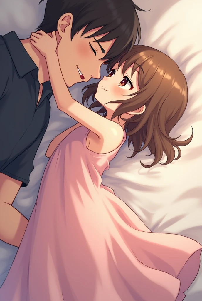 Perfect human body、1 handsome man,1 girl、A couple、heterosexuality、 NSFW, ((Lie down in bed)), (very highly detailed background), (((Guy kisses girl))), camisole、mini-skirts、鎖骨,Oversized chest, ,((woman with fever)), ((perspiring,steamy))), 、mini-skirts、((The expression of coloce flushed), Stick out your tongue,Tall handsome man lying next to girl,