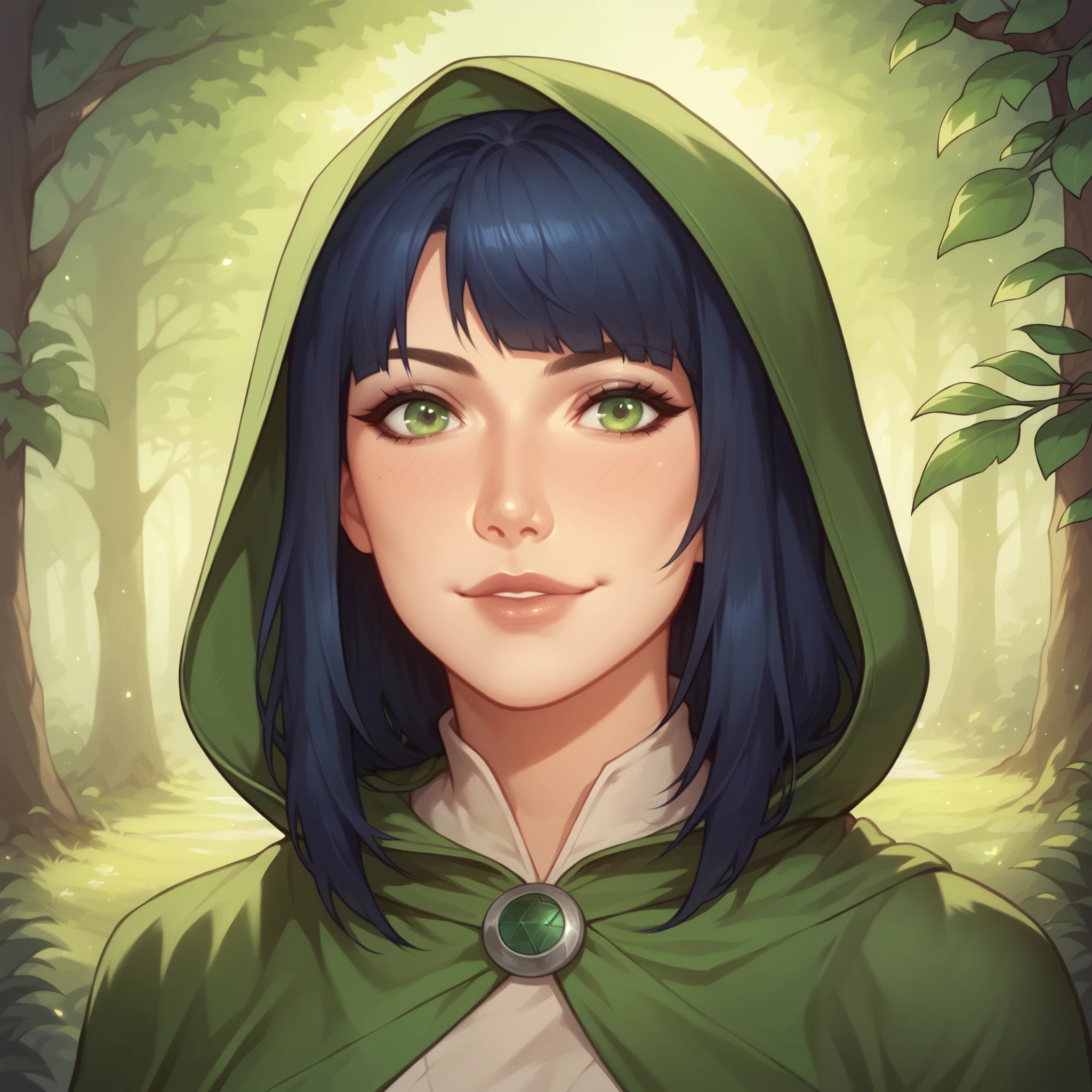 (((beautiful, high quality, comics style, detailed face))), score_9, score_8_up, score_7_up, BREAK, asian woman, (wearing a rogue outfit, hood, bandoleer, cloak), green eyes, dark blue hair, hime cut hair, lovely, , gentle smile, 1girl, female focus, solo, portrait, upper body, portrait, fantasy, nighttime, forest background, (dynamic lighting:1.1) ((masterpiece)), Expressiveh, detailxl