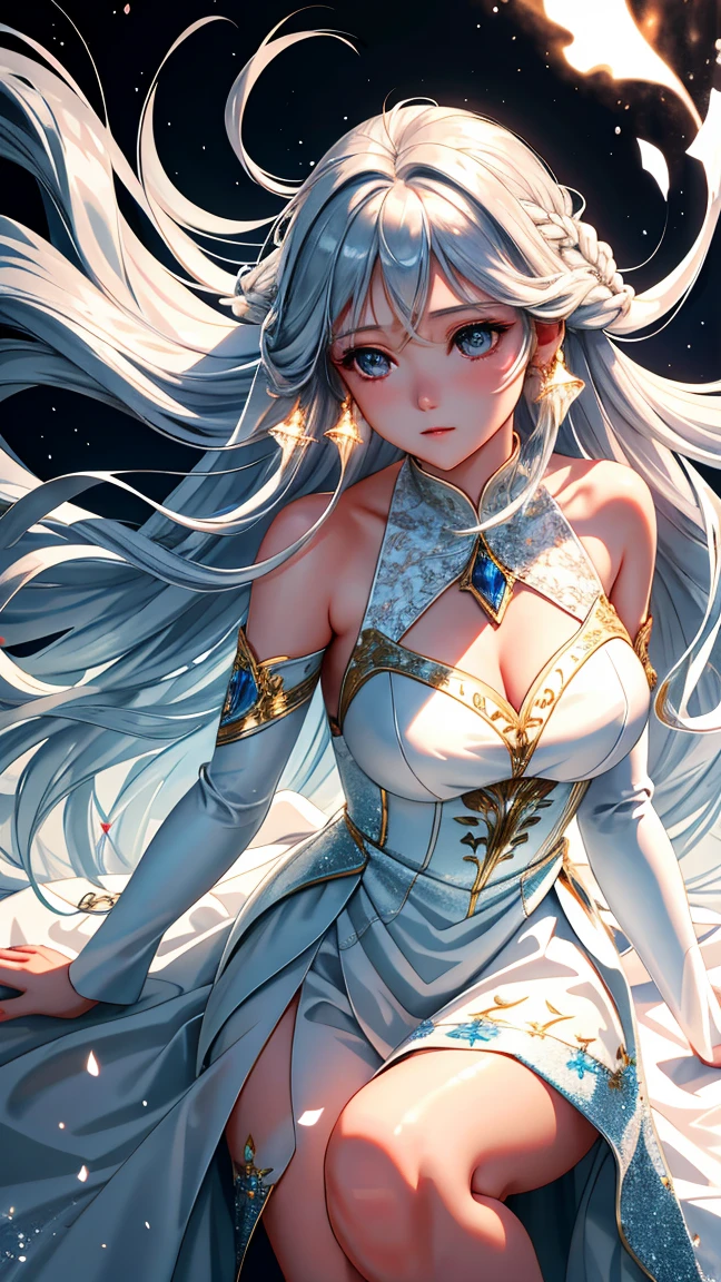 "Please create a mesmerizing image of the Goddess of the Moon, a celestial being of unparalleled beauty. She is adorned in an elegant, flowing gown that mirrors the hues of the night sky, with deep blues and silvery accents. Her ethereal presence is illuminated by the soft, silvery glow of her radiant, long, silver hair, which shimmers like moonlight itself. Her eyes are a captivating shade of lilac, reflecting the mysteries of the cosmos. An aura of cool, serene colors surrounds her, creating an otherworldly atmosphere. Special effects should be used to enhance the divine aspects of this goddess. Subtle ethereal light should cast a gentle glow on her, highlighting her celestial features. The background should evoke a sense of the cosmic, with stars, planets, and lunar motifs adding to the enchanting atmosphere. Let this image embody the grace, beauty, and magic of the Goddess of the Moon, a true work of art that captures the essence of the celestial."