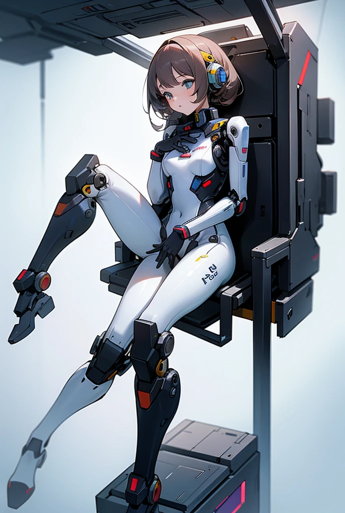A Female robot is sleeping in a fridge, spread legs, nude, banzai pose. she wears no dress. She Brown short hair is tied with two big red clothespins, She lifts up the under hem of her white plain dress, leaning over, masterpiece, very short pigtails,brown hair, mature, android, blue eyes, full body figure, Height: 160cm, flushed cheeks, 2020s anime picture, A beautiful robot with short brown hair in two short pigtails held up by two very large huge red clothespins, Uplifting, No NSFW, whole body, barefoot, archaic smile, getting orgasm, 25 years old, sweat bucket. robot skin.