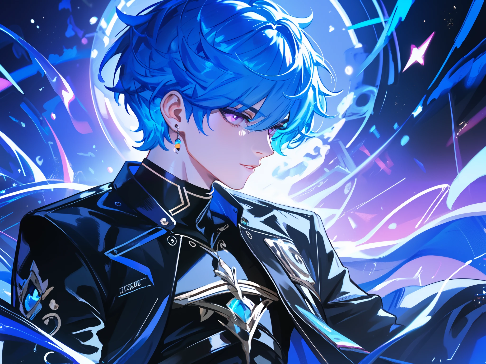 1boy, neon blue hair, glowing purple eyes, wearing black jersey jacket, masterpiece, best quality,and the background should be written LORD XMD multi-device BOT