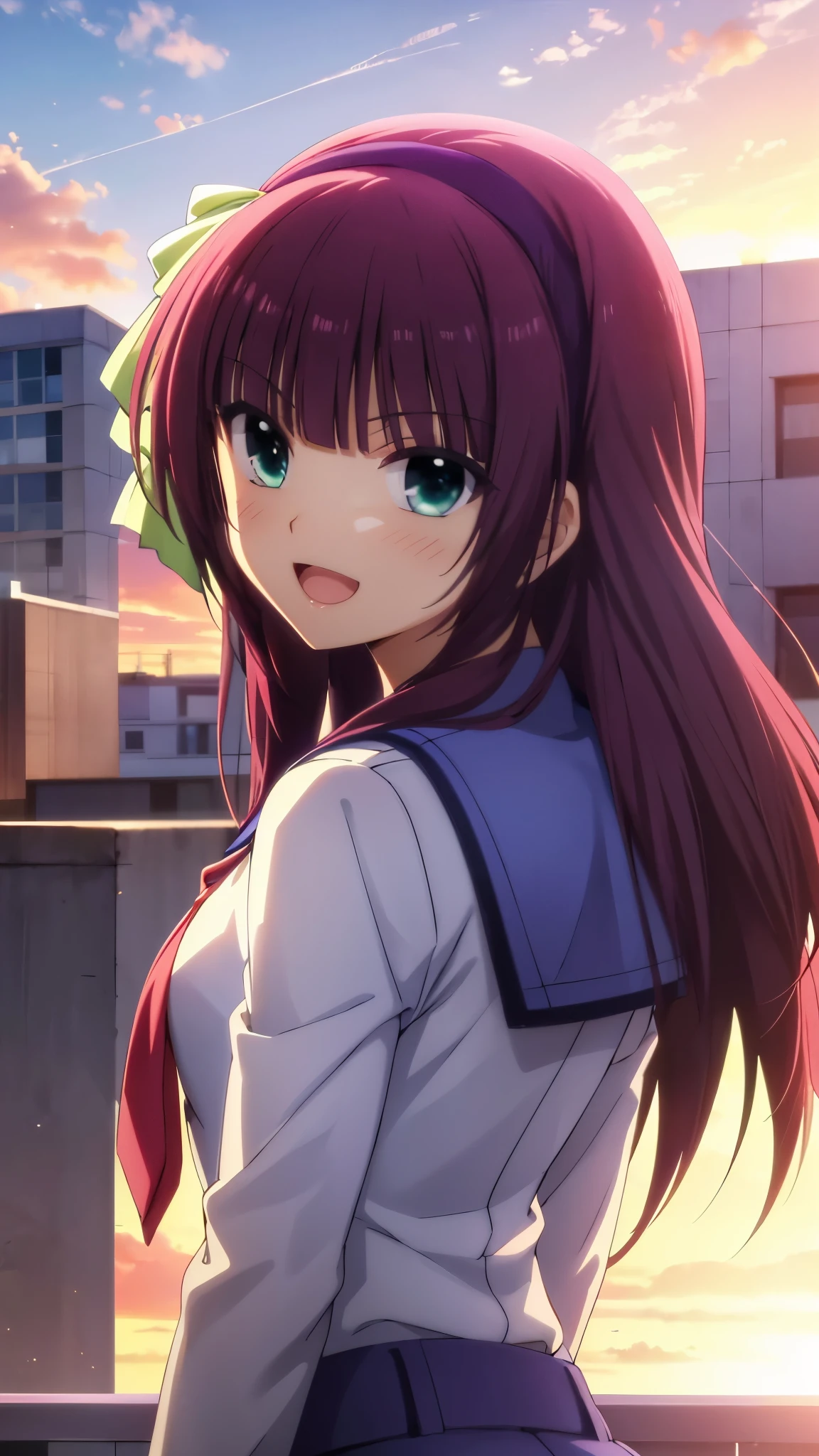 Yuri Nakamura,(16k, super high resolution , top quality,masterpiece, super detailed, Highly Detailed Facial Features,  perfect face,  Perfect Eyes , anatomically correct body),((:d:1.3)), Beautiful Sunsets , school rooftop,standing,looking back