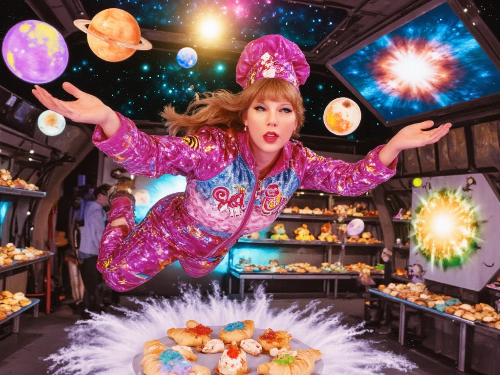 (best quality, 128k,highres,masterpiece:1.2),ultra-detailed,(realistic,photorealistic,photo-realistic:1.37), ((masterpiece)) ((photography)) ((Highest quality))  A humorous and colorful digital close-up of Taylor Swift as an intergalactic baker. She is floating in zero gravity aboard a futuristic spaceship bakery, wearing a sparkly, neon-pink spacesuit with a chef's hat adorned with glowing stars. She's juggling alien pastries shaped like planets, moons, and galaxies, with vibrant icing and edible glitter. The spaceship interior is filled with colorful floating baking tools, cosmic flour clouds, and ovens powered by mini supernovas. Outside the spaceship's window, a colorful nebula and a fleet of alien customers waiting for her signature space croissants add to the whimsical, lighthearted vibe.