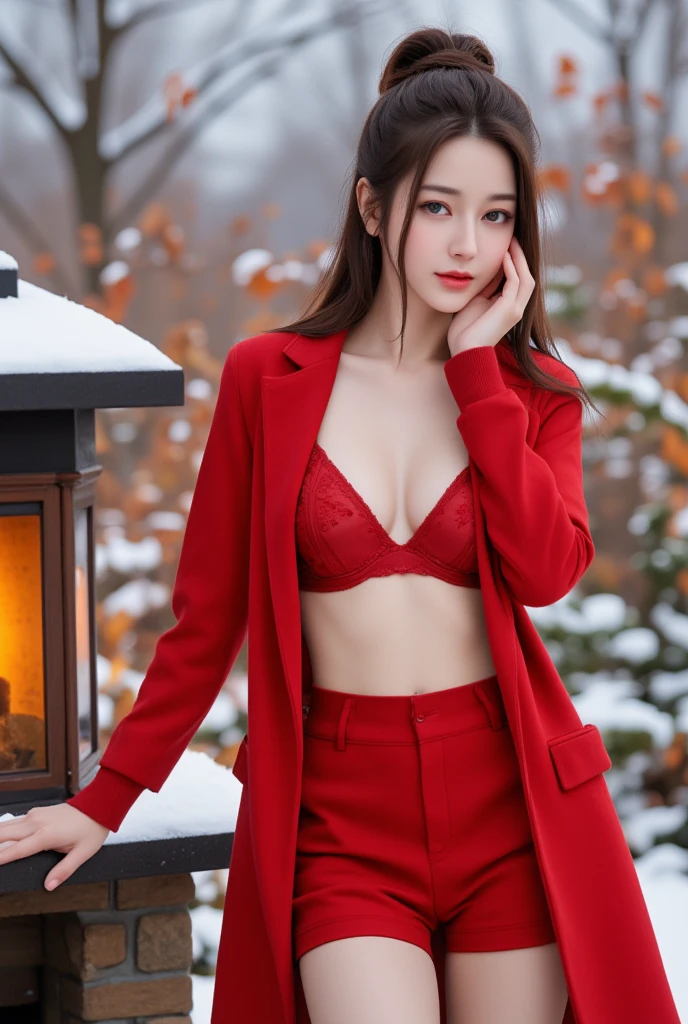 masterpiece, best quality, 1girl, solo, long hair, looking at viewer, smile, bangs, hair ornament, red eyes, long sleeves, sexy lingerie, standing, collarbone, Dark hair, brown hair, sexy alternate lingerie, tree, sexy micro bunny lingerie, hairpin, ningguang (genshin impact), Ningguang, big breasts, perfect body 