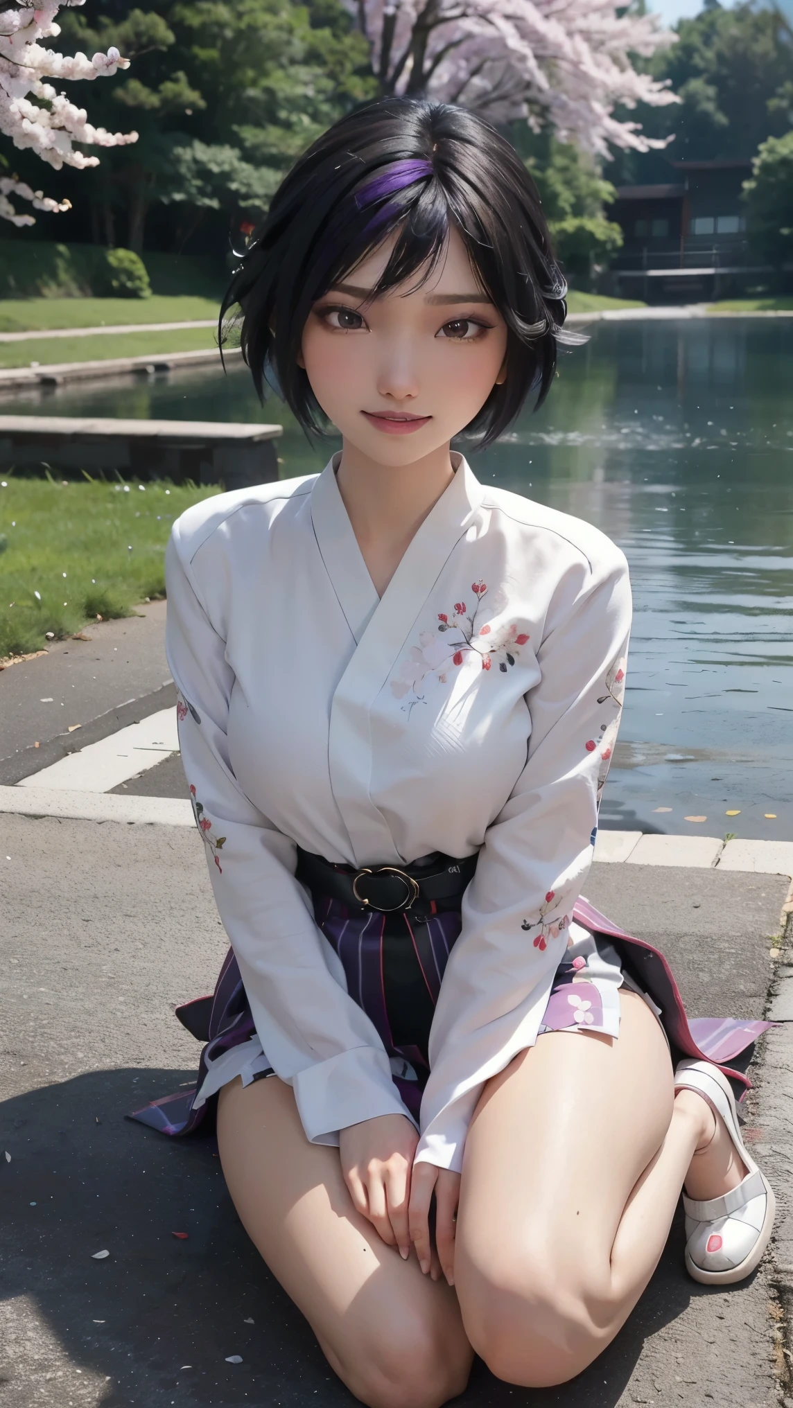 Gogo tomago,(best qualityer,4K,8k,high resolution,work of art:1.2)(weather: cloudy), Tokyo city background, cherry blossom tree park, white long sleeve kimono dress, kimono belt, pleated skirt, floral pantyhose, laced shoes, floral hair jewelry, floral earrings, blossom embroidery, cheek mole, short wavy hair, black hair with purple highlight, ultra detailed, realistic, portrait,beautiful detailed brown eyes, glowing eyes,blush,beautiful detailed lips,extremely detailed eye and face, long eyelashes,sexy,average, medium breasts,beaming smile, flirty smile, powerful girl, elegant pose, stunning curves, bright coloured, dramatic lighting,