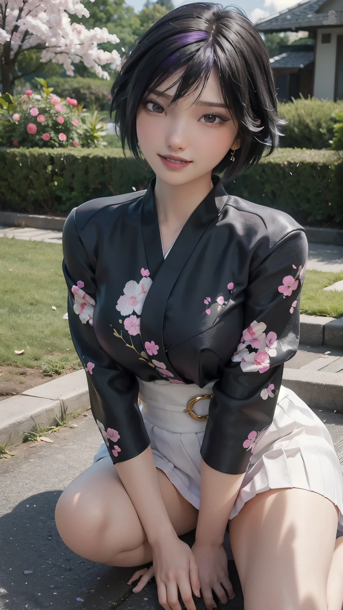 Gogo tomago,(best qualityer,4K,8k,high resolution,work of art:1.2)(weather: cloudy), Tokyo city background, cherry blossom tree park, white long sleeve kimono dress, kimono belt, pleated skirt, floral pantyhose, laced shoes, floral hair jewelry, floral earrings, blossom embroidery, cheek mole, short wavy hair, black hair with purple highlight, ultra detailed, realistic, portrait,beautiful detailed brown eyes, glowing eyes,blush,beautiful detailed lips,extremely detailed eye and face, long eyelashes,sexy,average, medium breasts,beaming smile, flirty smile, powerful girl, elegant pose, stunning curves, bright coloured, dramatic lighting,