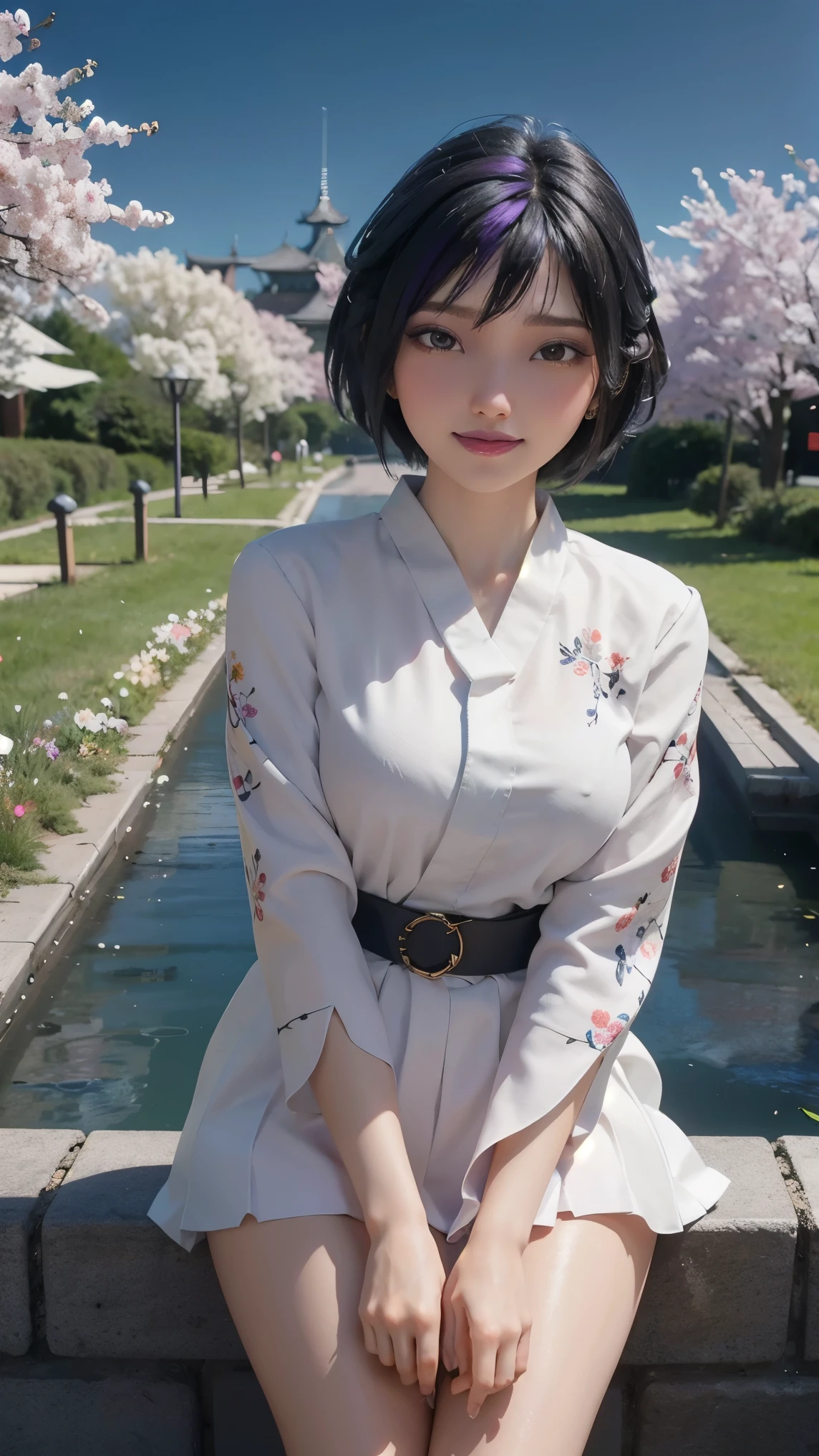 Gogo tomago,(best qualityer,4K,8k,high resolution,work of art:1.2)(weather: cloudy), Tokyo city background, cherry blossom tree park, white long sleeve kimono dress, kimono belt, pleated skirt, floral pantyhose, laced shoes, floral hair jewelry, floral earrings, blossom embroidery, cheek mole, short wavy hair, black hair with purple highlight, ultra detailed, realistic, portrait,beautiful detailed brown eyes, glowing eyes,blush,beautiful detailed lips,extremely detailed eye and face, long eyelashes,sexy,average, medium breasts,beaming smile, flirty smile, powerful girl, elegant pose, stunning curves, bright coloured, dramatic lighting,