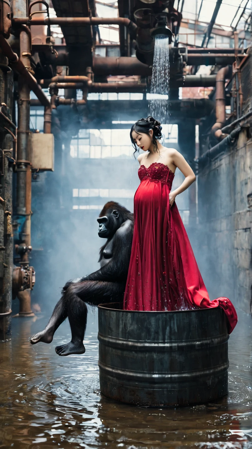 A pregnant woman in a deep red floor-length gown stands in a puddle-filled, industrial-style setting, while a gorilla takes a shower nearby.  Korean woman, mid-20s, with long black hair,  stands in profile to the camera, slightly angled towards a gorilla showering overhead.  The gown is a form-fitting strapless bodice with intricate gold embroidery or embellishment, flowing into a full, luxurious skirt.  Her posture is relaxed, and her expression is calm and serene.  A young , approximately 2-, Asian, is sitting in a metal barrel filled with water amidst the puddle.  The gorilla, large and dark gray, is positioned on a rusty metal platform, seemingly enjoying the shower.  The surrounding structures are aged, rusty metal, industrial-looking in design, with exposed pipes and mechanics.  The lighting is dramatic and highlights the woman and the . Water sprays around the subjects and reflects the dramatic lighting.  The overall atmosphere is a playful contrast between the industrial, rusty setting and the elegant pregnancy fashion.  The composition is visually engaging, utilizing water as a key element. Photography style is reminiscent of a fashion shoot or fine art photography, with a focus on the contrast between the subject and the environment.  Ultra detailed,  cinematic lighting, dramatic,  fashion photography style, steampunk elements, 8k resolution --ar 16:9 --q 2 --s 750
