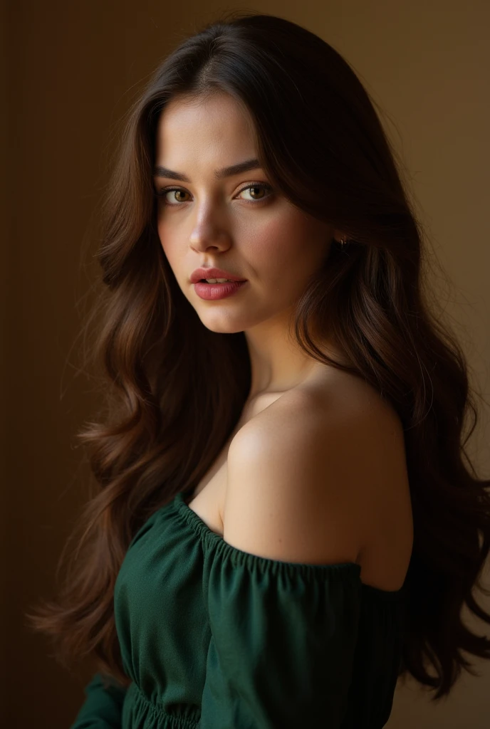 25 years old beautiful urban girl with a bright dark black wavy hair and rose skin and small noise and high cheeks and bold lips and green eyes and long eyelashes and high chestnut color eyebrow and long neck and triangle shape face, passport photo, realistic, full-HD, 8k, super detail, occurate, best quality