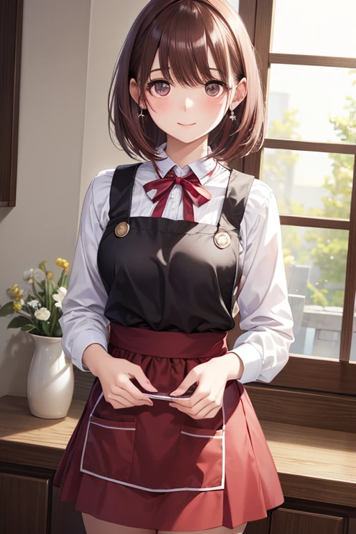 anegasaki nene、 shiny maroon hair ,  Shorthair, ( Pretty Brown Eyes 、 sparkling eyes , Fine grain)、smile、 super detailed eyes、非常に detailed face ,  very detailed eyes,(masterpiece:1.3), cowboy shot, (Only one woman, Alone)、





 apron_Pinkish_white_ribbon, yellow_ sweater _red_ skirt,  standing, Alone, , masterpiece,  top quality ,  detailed face ,  detail eyes,  high res,