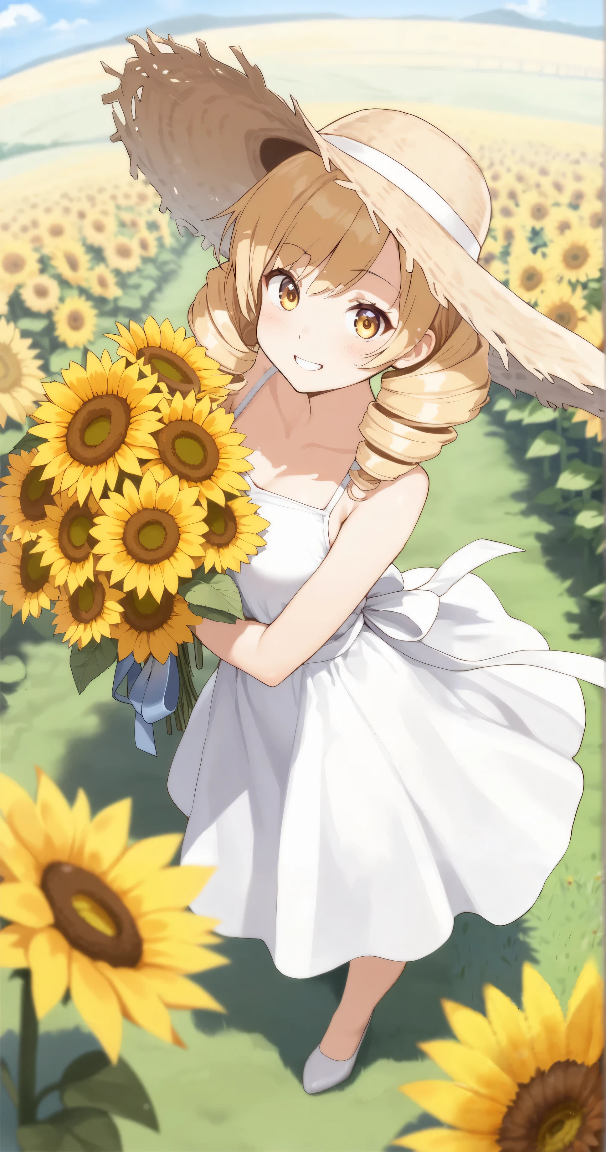 Tomomi,(8k,  top quality , masterpiece:1.3)),  super high res, ( 1 girl, Alone),Blonde,Gold,Detailed beautiful golden eyes, drill hair, twin drill,Droopy eyes, white dress, Straw Hat , high angle,Summer,Sunflower field,I'm holding a bouquet of sunflowers, smiling gently  