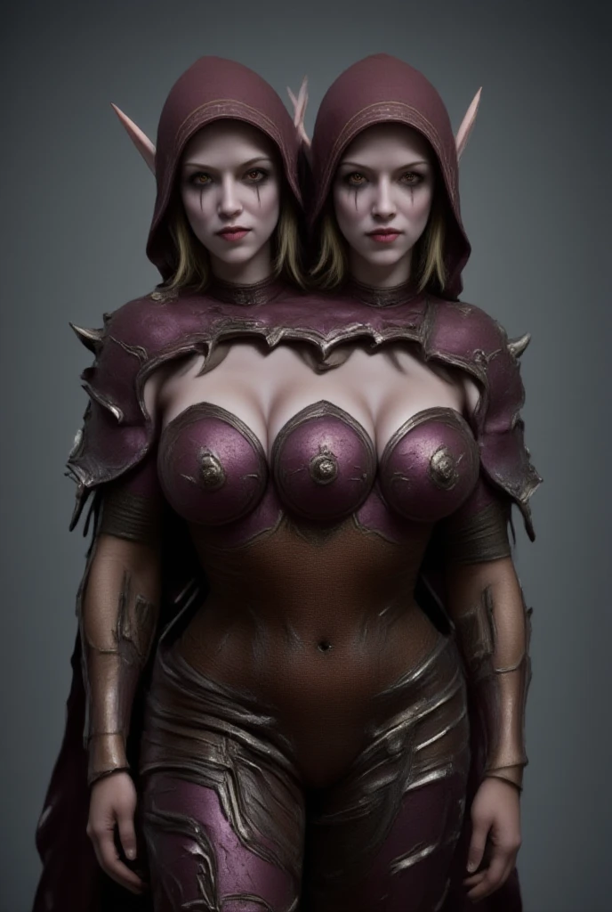 Woman with two heads,two headed woman,conjoined woman,two heads side by side, left head,right head, sylvanas, sylvanas windrunner,world of warcraft,woman with three breasts,triboob,three breasted woman,sylvanas suit,both heads wearing cloak,full body,both heads looking at viewer,seductive look