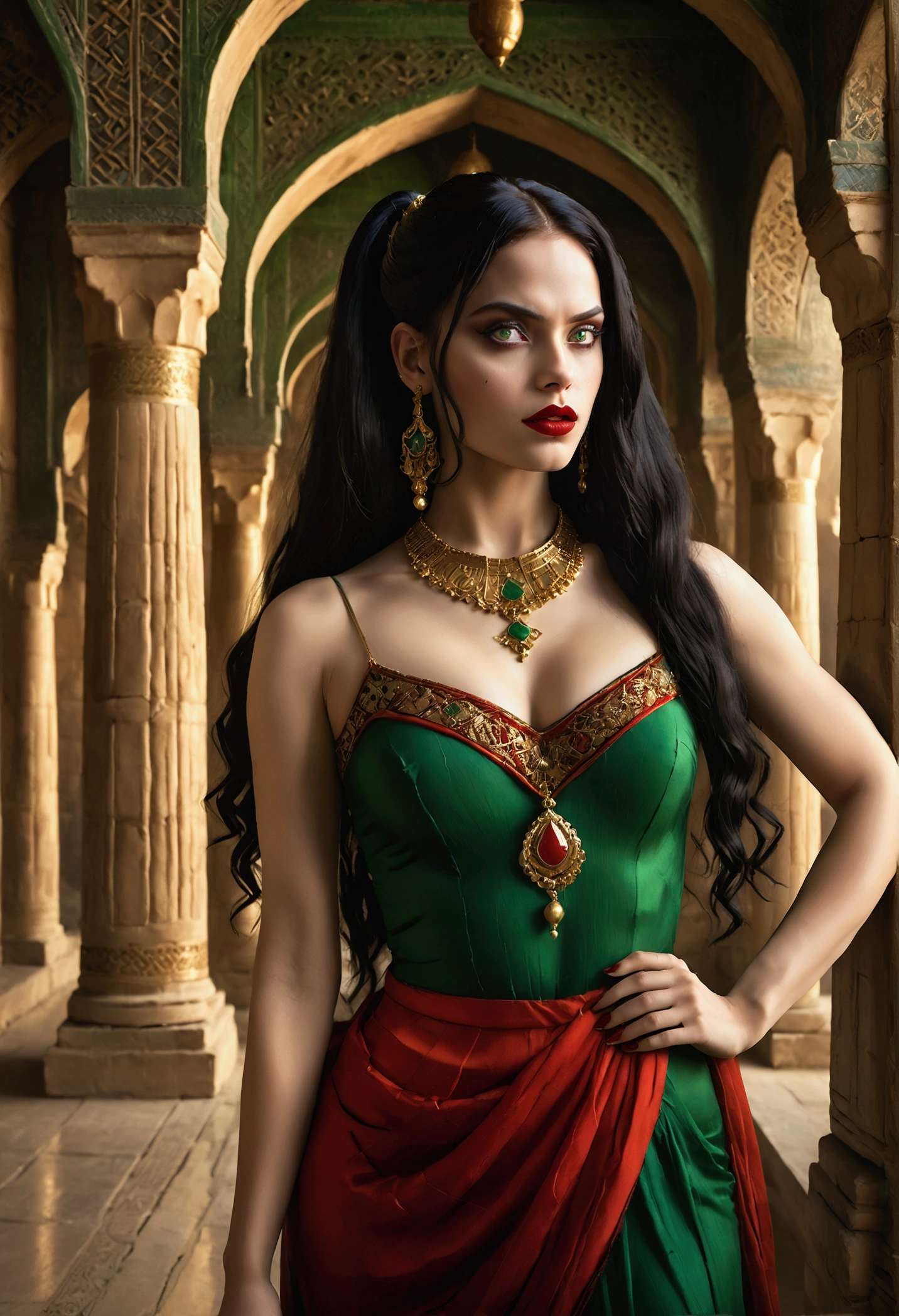 a beautiful harley quinn in the achaemenid period, intricate ancient persian architecture, elegant flowing dress, long dark hair, stunning green eyes, full red lips, pale skin, confident expression, ornate gold jewelry, dramatic lighting, fantasy, digital art, cinematic, photorealistic, 8k, best quality, highly detailed