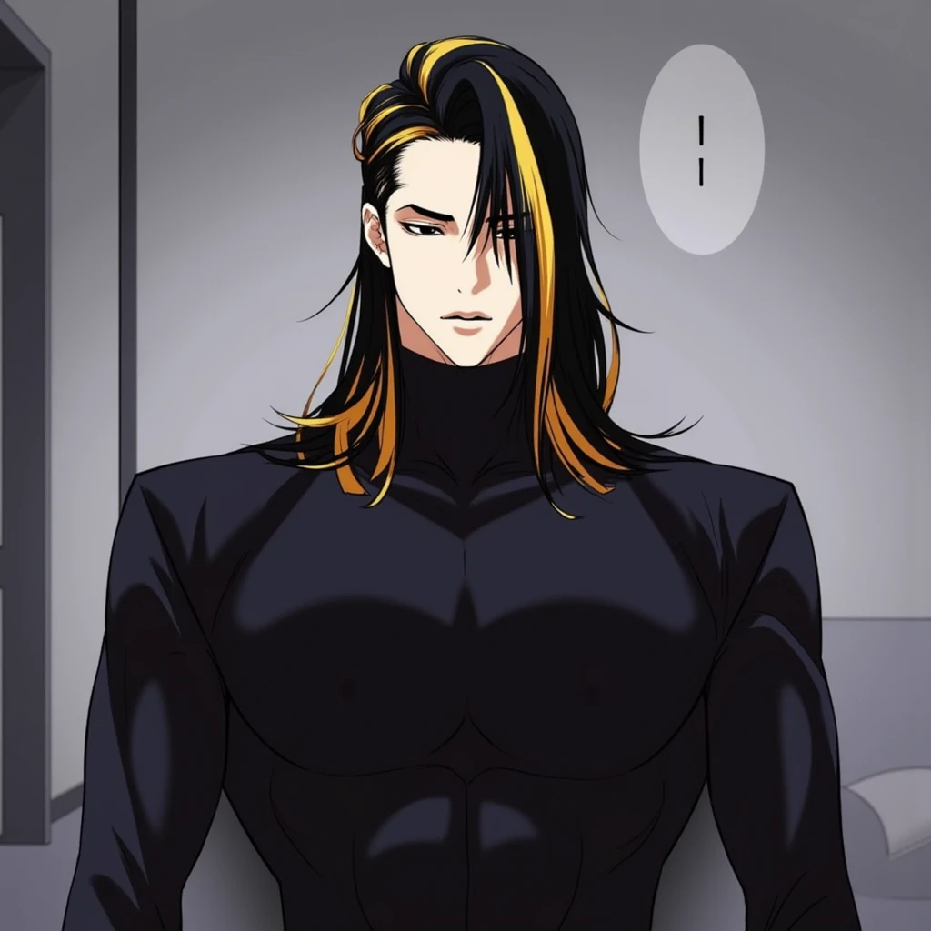 A scene in "Lookism" Manhwa featuring a Tall male athletic figure with long straight black and gold hair, sharp angular facial features, Elegant tall male figure, flowing golden wavy hair past shoulders, black turtleneck, slim fit dark clothing, confident relaxed pose, strong jawline, intense gaze, muted color palette, muscular and stern. dual colored hair, tired and extremely sleepy eyes, eyebags. extremely tired half closed eyes