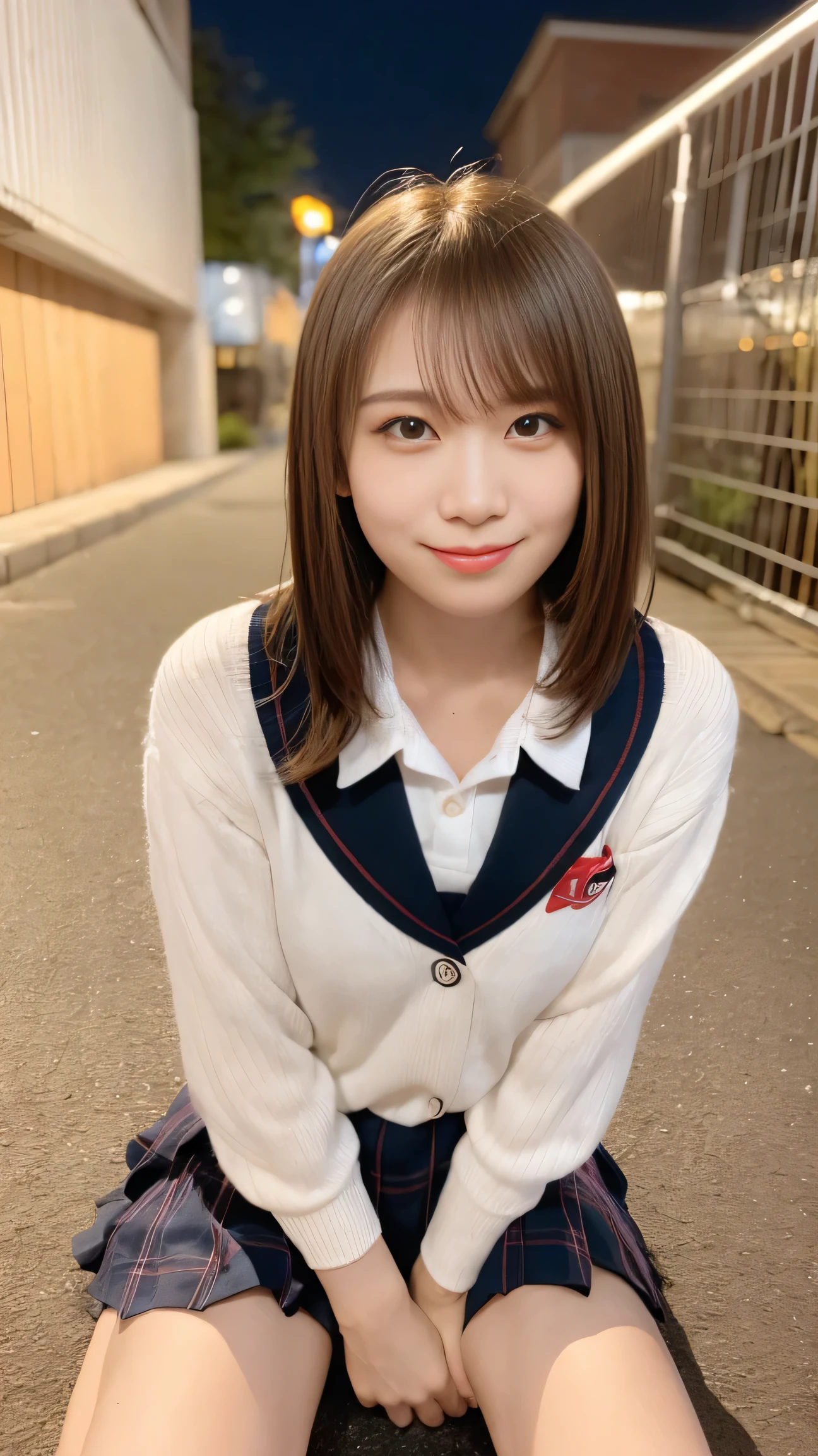 （8k、RAW  photo of a slender girl、 top quality 、masterpiece：1.2),( outdoors on the street at night),(( perfect lighting)),( Long Bob Cut ), watching the audience, Seen from the Front ,Arms raised pose, return,strong, erotic, feet 、1 Showing off white panties,student, white skin,Knee, absurd,Small face,前hairを真ん中から分けます、 can be seen on the forehead,( Embarrassing ,  squint ,Glare,strong, skinny, skinny,)、masterpiece, top quality 、 super A high resolution,1 person, 1 personで, closeup shot、cute、Return to student,(Japanese School Uniform:1.3),high school  girl, Japanese women,（ Photorealistic ：1.37）、 photon mapping, realistic 、cuteSmall face, brown eyes、Leads、 Depth of Written Boundary、blurred returnground、  photo of a slender girl, girl、(前hairが見える), hair, Kneeが見える, thigh,(Nogizaka idol), actress、Natural Breasts、 clevis on a stone、 high image quality、Low people々、(  check and fix the skin :1.2)、( Focus on Faces )、( I can see white panties)