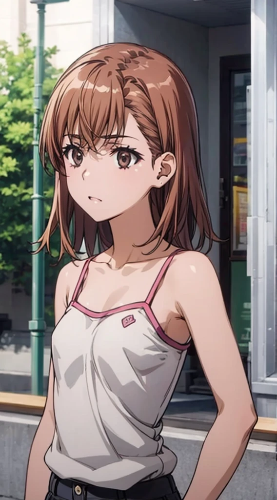 Misaka Mikoto, wearing artist clothes, nice environment, super detailed, high quality
