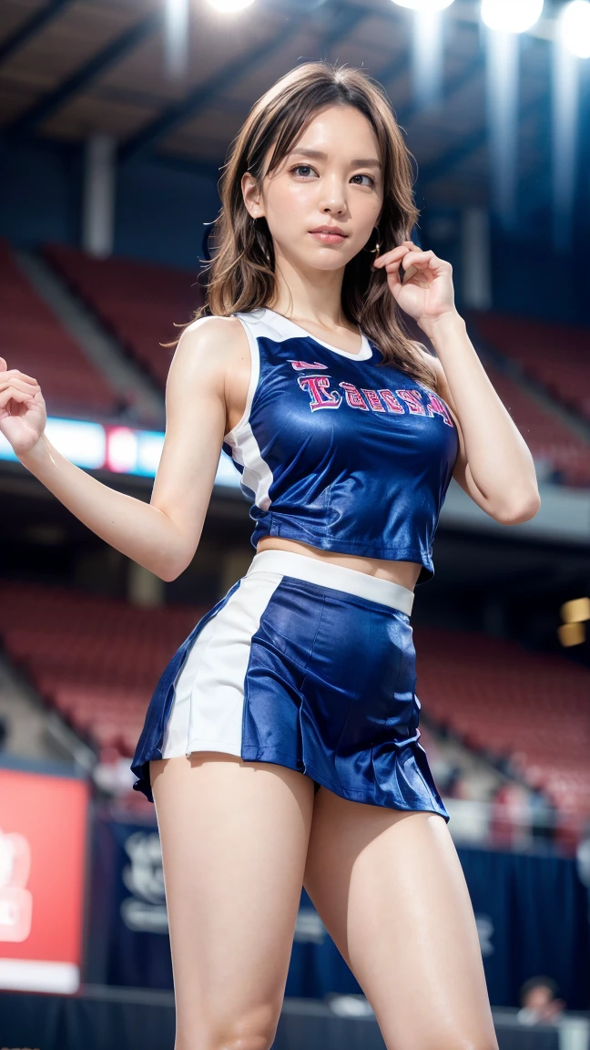 A beautiful young Japanese woman, 20 years old, with perfect anatomy, healthy thighs, beautiful feet, flawless skin, random hair color and style, large bust, (she is standing:1.2), wearing a cheerleader uniform with micro-pleated miniskirt, in a full body shot, standing in a stadium, (best quality,4k,8k, highres, masterpiece:1.3), (extremely detailed:1.2), Yui Aragaki