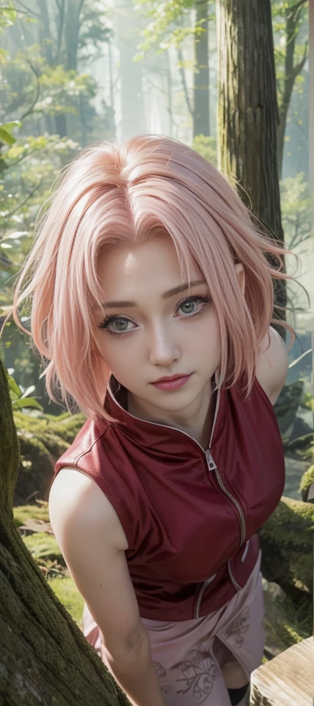 masterpiece, best quality, (realistic,photo-realistic:1.4), (RAW photo:1.2), extremely detailed CG unity 8k wallpaper, delicate and beautiful, amazing, finely detail,official art, absurdres, incredibly absurdres, huge filesize, ultra-detailed, extremely detailed, extremely detailkcaled girl,extremely detailed eyes and face, light on face,little smiles,(short hair:1.7),(pink hair:1.3),(forest background:1.4),haruno sakura,(ninja outfit:1.5),(teen girl:1.3),pink skirt