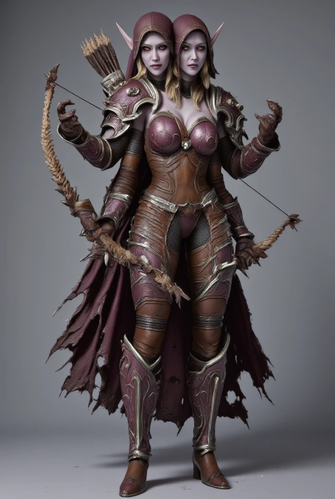 Woman with two heads,two headed woman,conjoined woman,two heads side by side, left head,right head, sylvanas, sylvanas windrunner,world of warcraft,woman with four arms,four armed woman,sylvanas with four arms,upper pair of arms,lower pair of arms,upper pair of arms holding bow and arrow, lower pair of arms on her hips,sylvanas suit,full body,both heads looking at viewer,seductive look