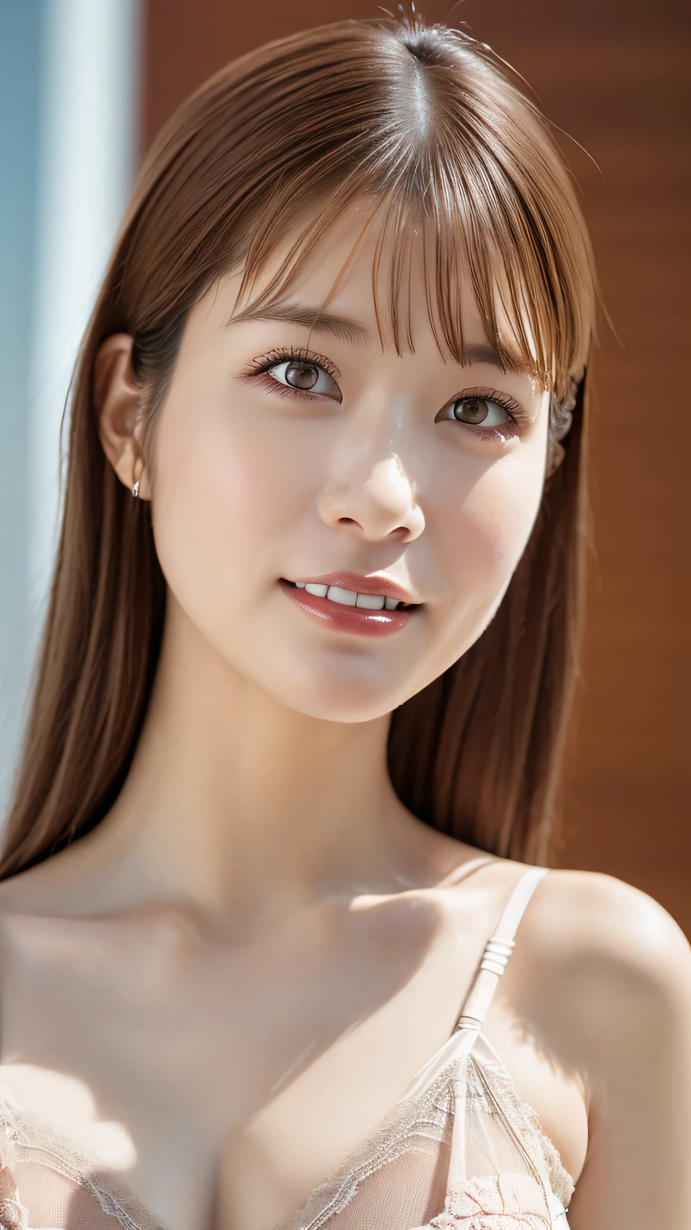 8k, top quality ,(masterpiece:1.2),( realistic ),( realistic :1.37), super high res, one young woman ,smile,((Big Breasts)), beautiful eyes,((( lingerie))), perfect body,Perfect means, Professional Writing ,gravure, DETAILED FACE AND SKIN TEXTURE ,fine grain, RAW photo