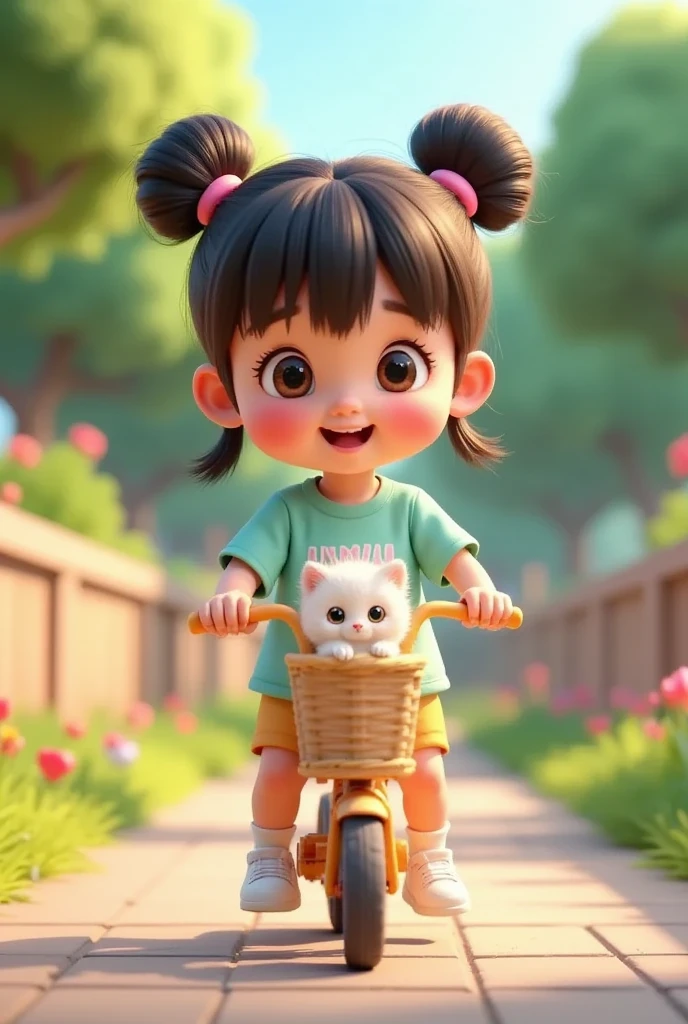 A cute and adorable girl with her hair styled into two high buns and bangs, her shimmering hair strands glowing in the soft sunlight. She’s a beautiful with rosy cheeks, wearing a pastel-colored shirt with the word “uwu” printed on the front. She is happily riding a small, colorful bicycle with a basket in front, where a fluffy, white kitten sits comfortably, looking just as charming. The girl’s bright eyes sparkle with excitement as she pedals through a peaceful neighborhood, surrounded by green trees and flowers. The kitten’s curious gaze adds an extra layer of cuteness, creating a heartwarming and playful scene filled with youthful joy.