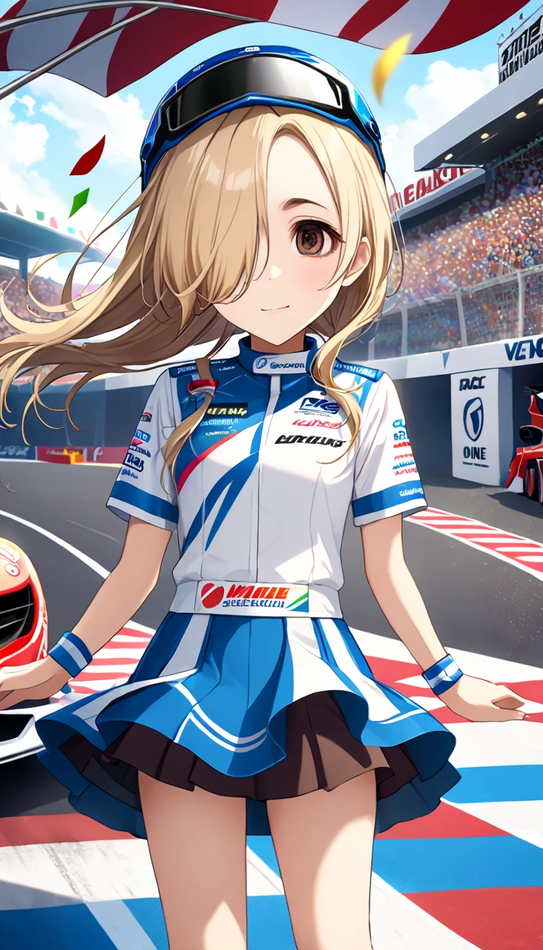  top quality ,  top quality , 16k,  Incredibly Absurd ,  very detailed, 2.5D,  delicate and dynamic ,  blue sky, Confetti,  racing cars on racing, Checkered flag, Small face, Very delicate facial expression, Delicate gaze depiction ,  upper body close-up , Only sexy women, Healthy body shape,,  race queen, : , Big companies go bankrupt,  long silvery hair ,  Sexy Long Legs , 派手な race queenのコスチューム, blue long skirt , White long boots, F1,  Auto Racing Track ,,((Blonde,  and my bangs are hanging over my eyes,  Shorthair,  brown eyes ,  flat chest, small butt,Hair on one eye, (Hide one eye),, right eye is hidden)),