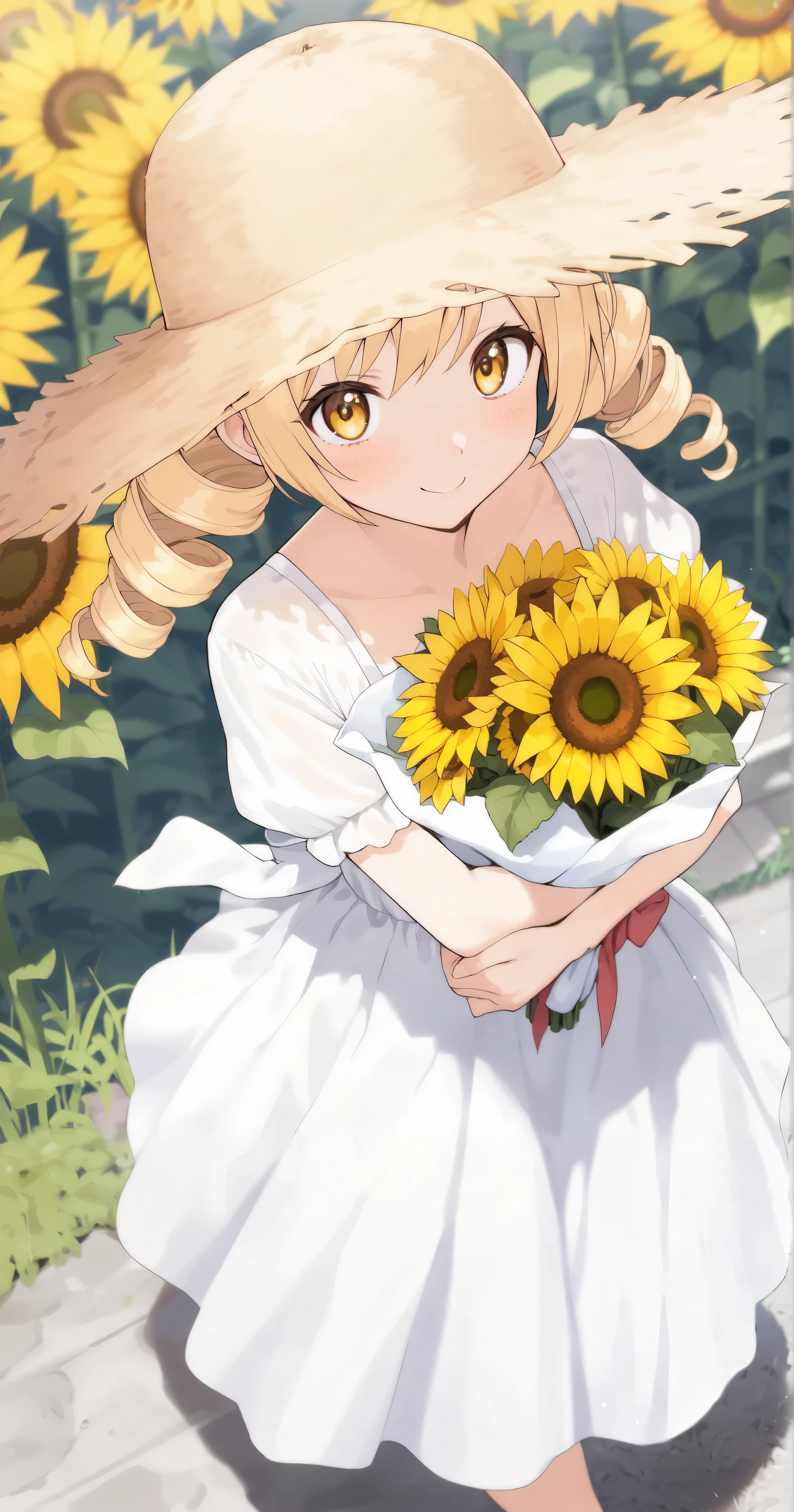 Tomomi,(8k,  top quality , masterpiece:1.3)),  super high res, ( 1 girl, Alone),Blonde,Gold,Detailed beautiful golden eyes, drill hair, twin drill,Droopy eyes, white dress, Straw Hat , high angle,Summer,Sunflower field,I'm holding a bouquet of sunflowers, smiling gently  