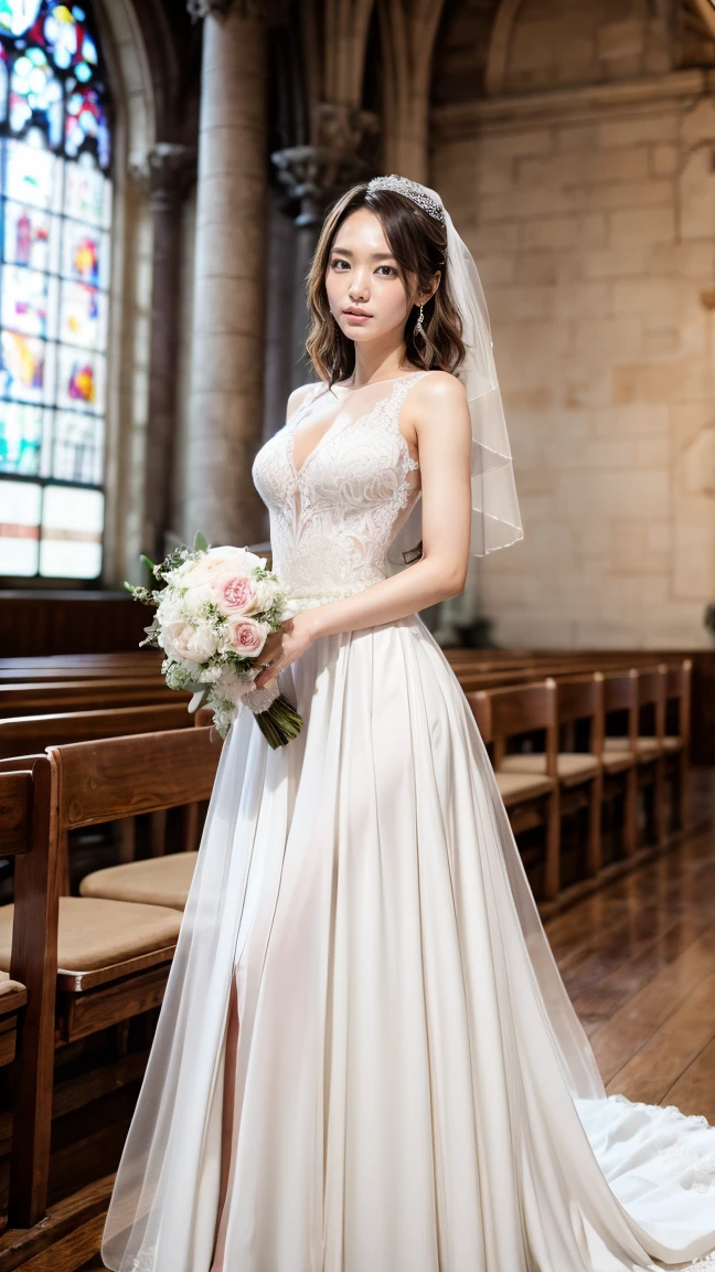 A beautiful young Japanese woman, 26 years old, with healthy thighs, beautiful legs, flawless skin, random hair color and style, large breasts, wearing a (wedding dress:1.3), (she is standing:1.2), full body shot, high heels, holding a bouquet in her hands, in a church setting, (best quality,8k, masterpiece:1.3), (extremely detailed:1.2), perfect anatomy, Yui Aragaki