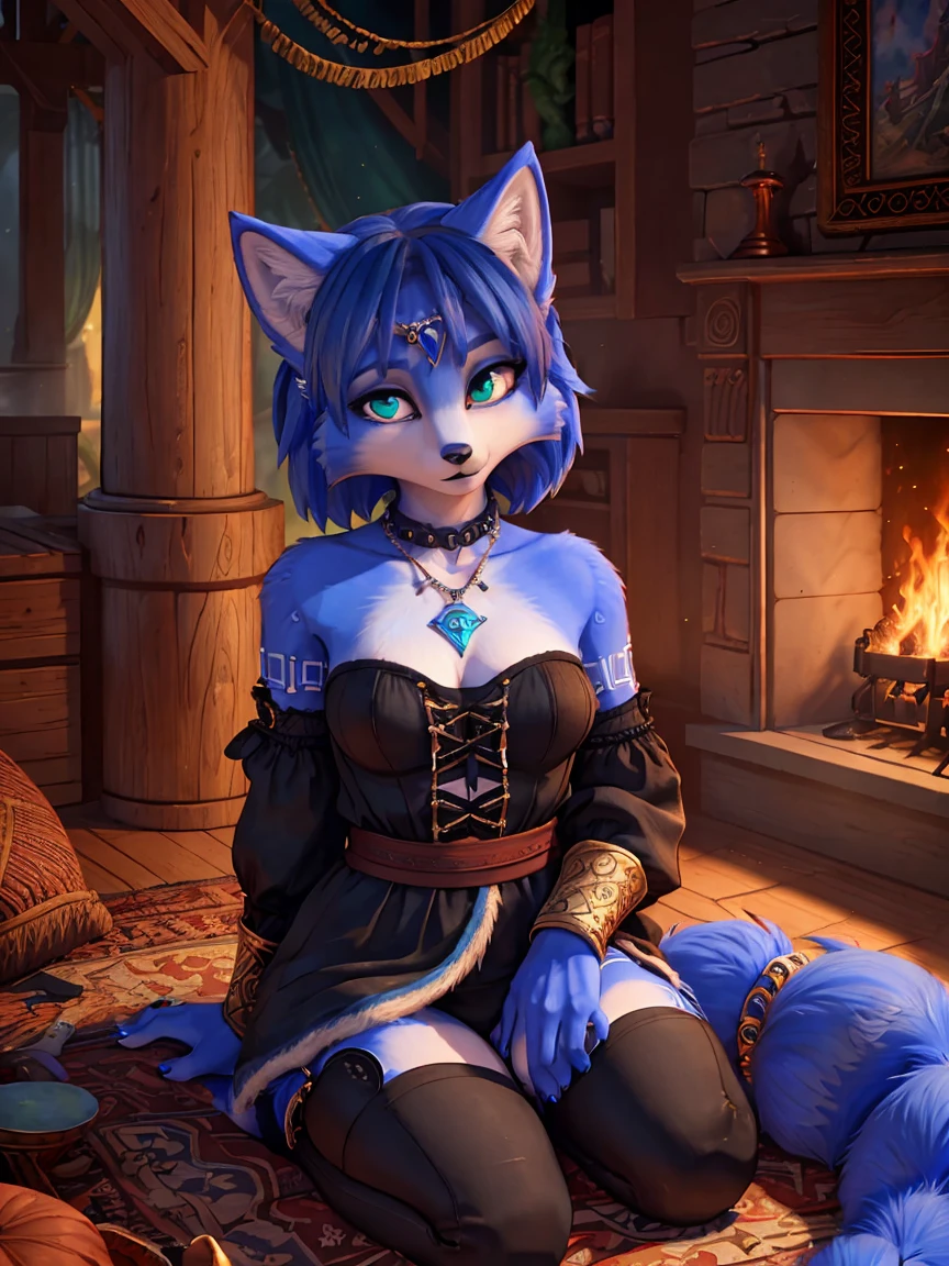 A beautiful and detailed (sweet portrait) von ((Krystal)), Sternenfuchs Krystal, Schlank, liebenswert, green eyes, medium breasts, (((Lange blaue Haare 1.3))), ((schwarze haarspitzen)), Dekollete, Grinsen, hoch schauen,, anthro, Pelzig, Hochgeladen E621, detailed flauschige fur, (von Fluff-Kevlar, Bayard Wu, Personalami, Pino Daeni), detailliertes Gesicht, (flauschige), 1 girl, Allein, Stammes-Kleidung, sweet girl,
