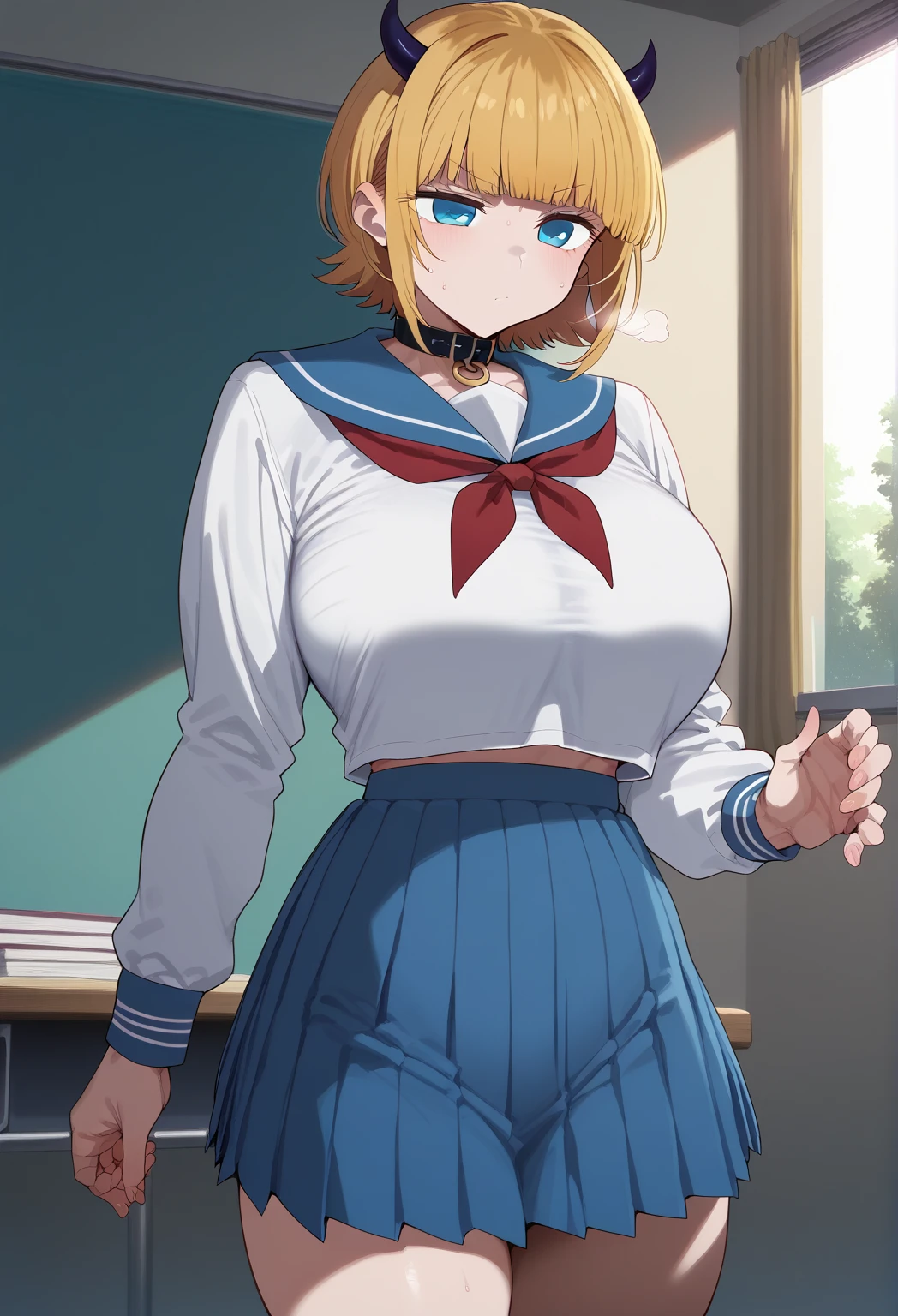  Surrender,   MEMcho, blonde hair, blue eyes, blunt bangs, demon horns, fake horns, horns, short hair,   perfect face,   perfect lighting, expressionless  , Thighs ,large breasts、sweat,、 school uniform ,  white uniform,  Long Sleeve , Blue sailor collar,  Red Neckerchief ,  Blue Pleated Skirt、Boob Tent、  dark bedroom 、、 can you see your whole body 、