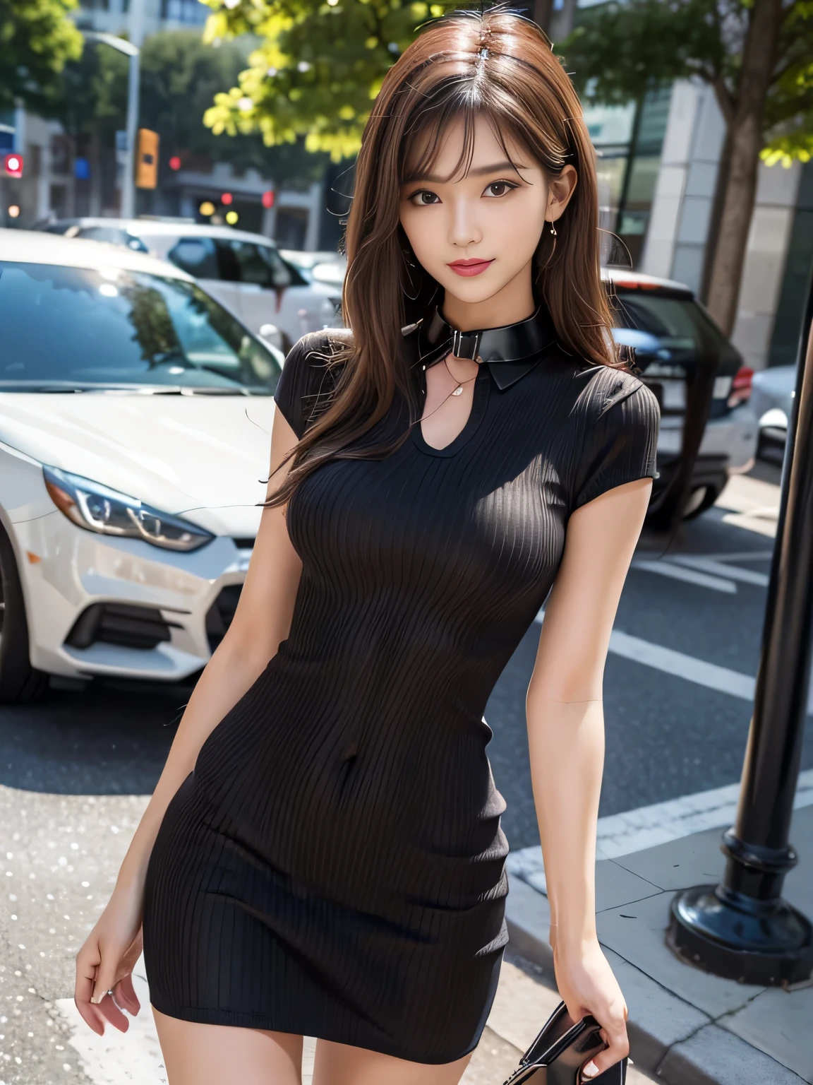best quality, ultra-detailed, intricately detailed, hyperdetailed, hyper realistic, sharp features, highly detailed, sharp focus, masterpiece,(20yo:1.3), perfect face, perfect eyes, high resolution, Fashion Model, Korean Idol, Stylish, Realistic, Photorealistic:1.3, Beautiful Face, light brown hair, messy hair, (Black Sexy Slim Bodycon Dress :1.2), (Collar Knit rib Dresses:1.2), (attractive smile), sidewalk,