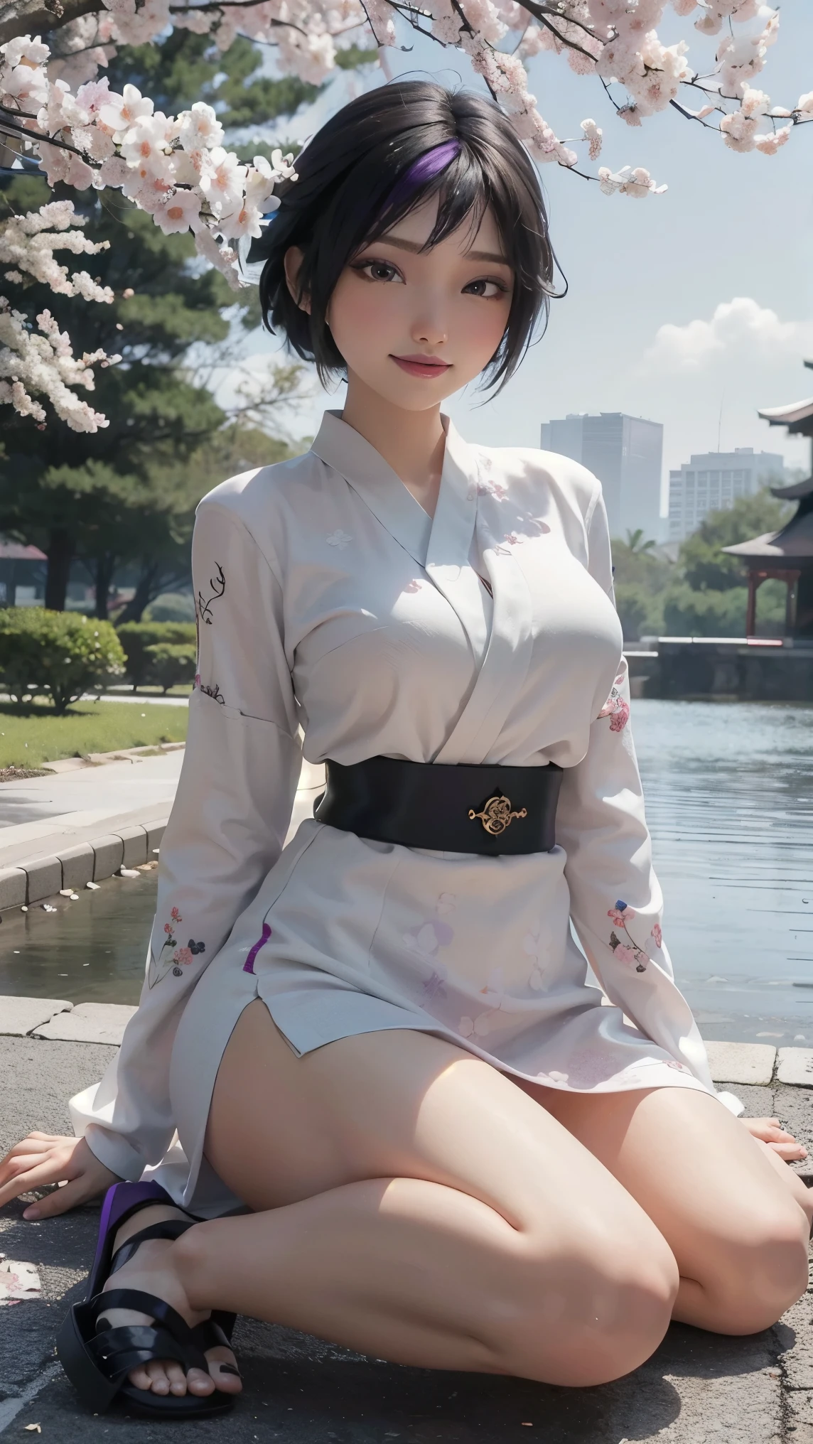 Gogo tomago,(best qualityer,4K,8k,high resolution,work of art:1.2)(weather: cloudy), Tokyo city background, cherry blossom tree park, white long sleeve kimono dress, kimono belt, long open side kimono skirt, white lingerie stockings, geta shoes, floral hair jewelry, floral earrings, blossom embroidery, cheek mole, short wavy hair, black hair with purple highlight, ultra detailed, realistic, portrait,beautiful detailed brown eyes, glowing eyes,blush,beautiful detailed lips,extremely detailed eye and face, long eyelashes,sexy,average, medium breasts,beaming smile, sexy smile, powerful girl, elegant pose, stunning curves, bright coloured, dramatic lighting,