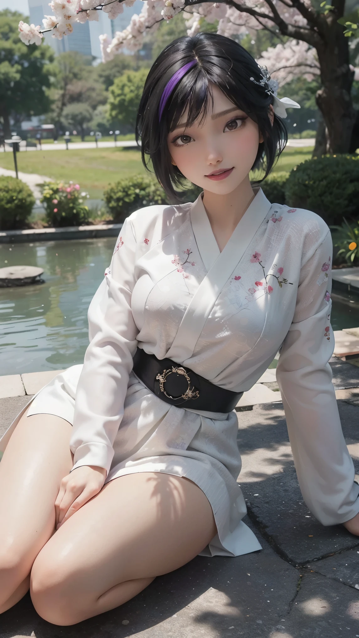 Gogo tomago,(best qualityer,4K,8k,high resolution,work of art:1.2)(weather: cloudy), Tokyo city background, cherry blossom tree park, white long sleeve kimono dress, kimono belt, long open side kimono skirt, white lingerie stockings, geta shoes, floral hair jewelry, floral earrings, blossom embroidery, cheek mole, short wavy hair, black hair with purple highlight, ultra detailed, realistic, portrait,beautiful detailed brown eyes, glowing eyes,blush,beautiful detailed lips,extremely detailed eye and face, long eyelashes,sexy,average, medium breasts,beaming smile, sexy smile, powerful girl, elegant pose, stunning curves, bright coloured, dramatic lighting,