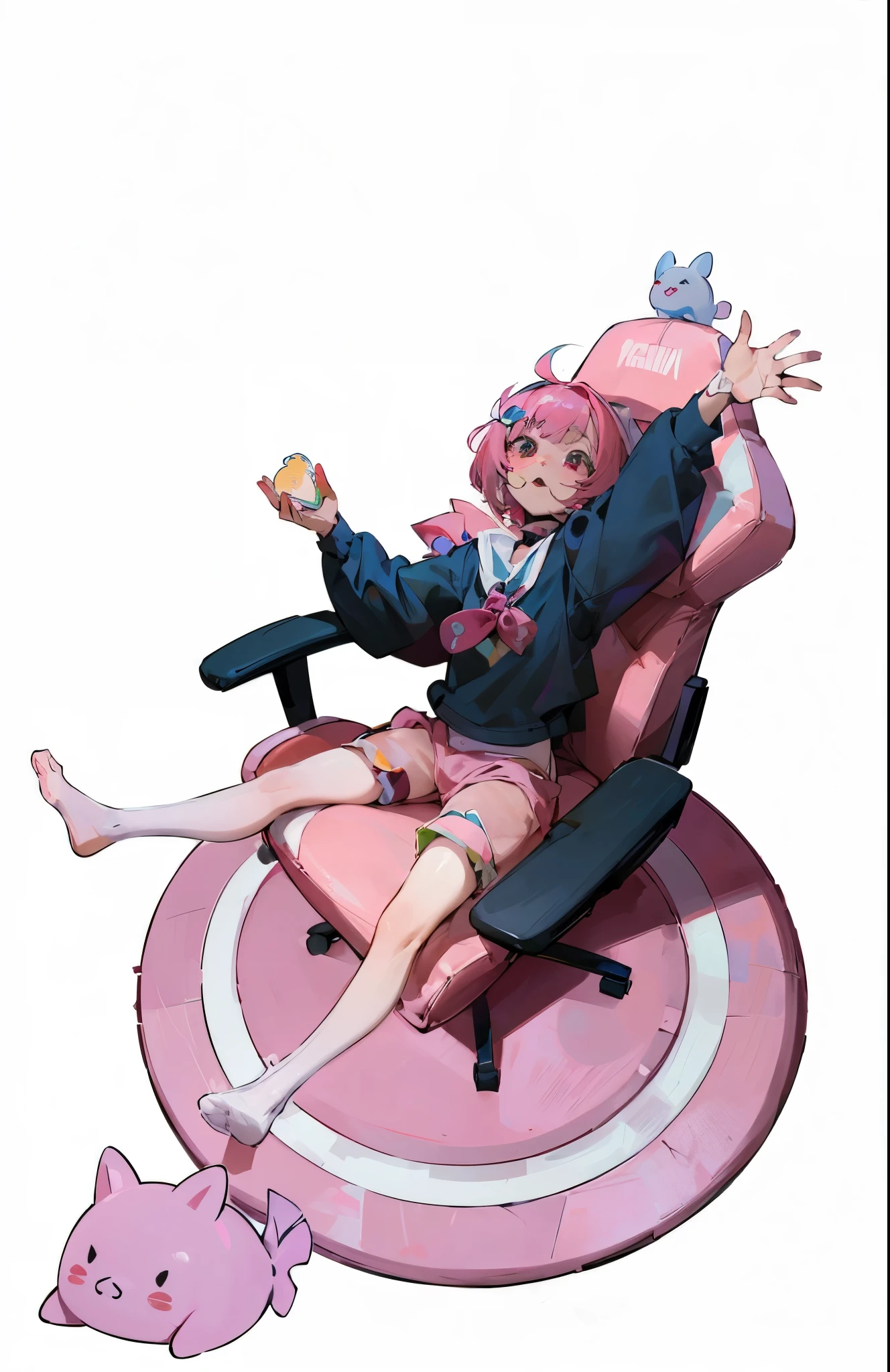 colorful illustration, perfect anatomy, masterpiece, uplifting mood, cute girl relaxing on a gaming chair, short hair, pink hair, sailor outfit, white socks with a black strip,  fish eye perspective, seen from above, girl stretching her legs, one hand raised, white background, round carpet, plushies scattered on the floor,