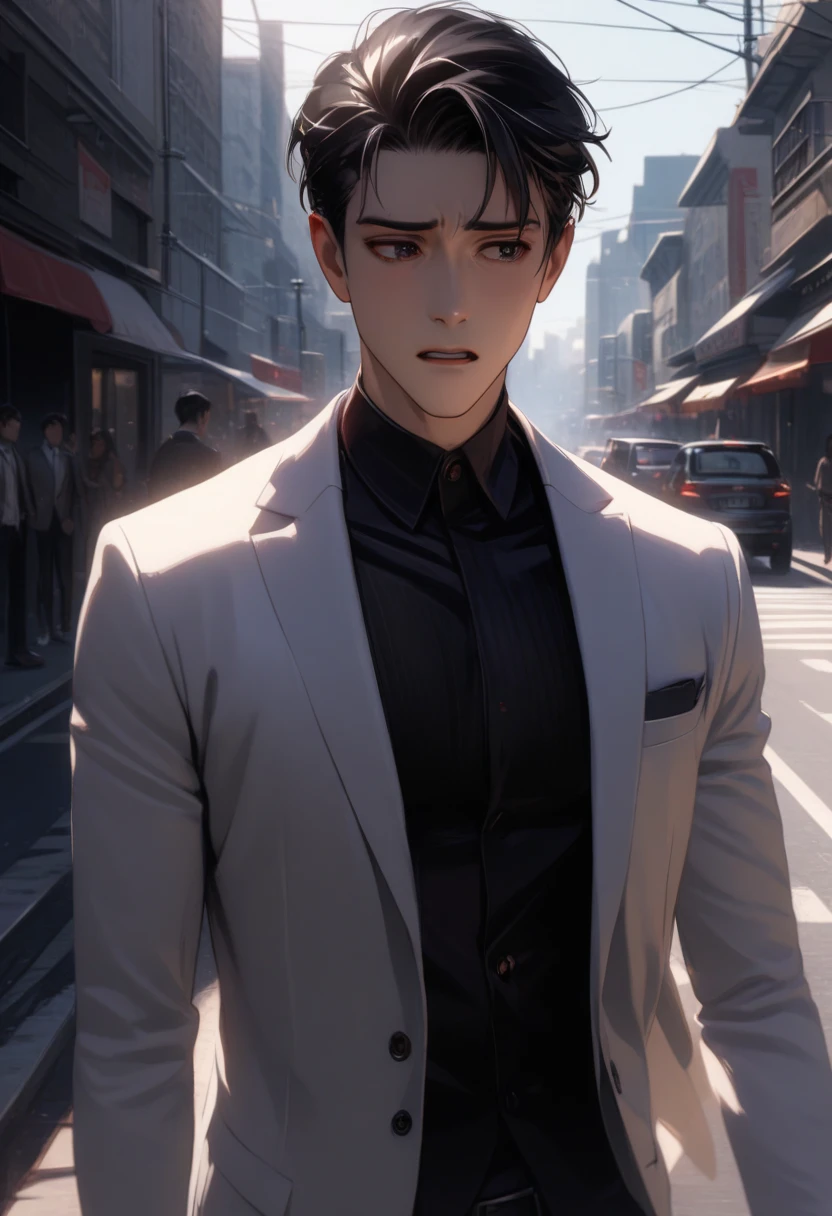 A handsome boy, frontal, worried, white sports coat, short black hair, on the street, super high detail, high real, 4K, chiaroscuro, super detail,