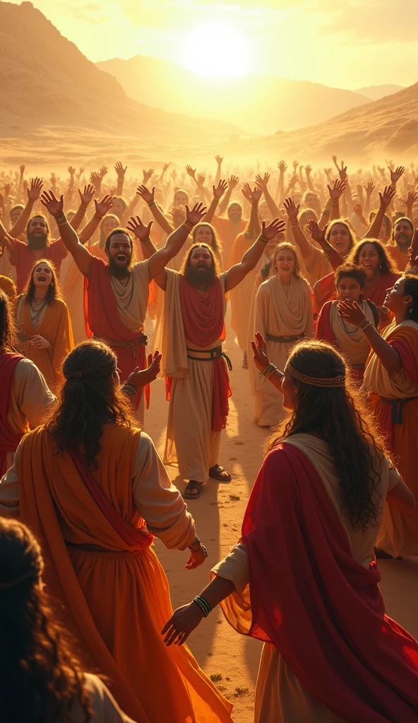 Philistines celebrating, surrounded by music and dance, with Samson in the background, reflecting on his fall. The scene is vibrant, with bright and festive colors, but with a shadow of sadness over Samson.
