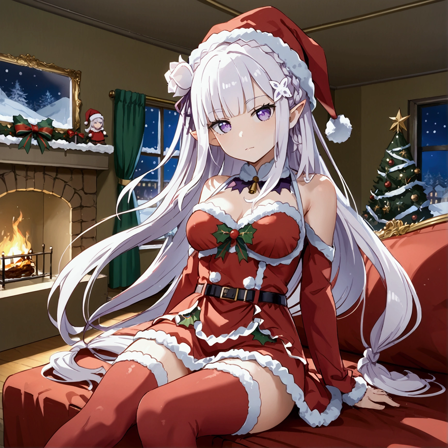 emilia, purple eyes, white hair, long hair, blunt bangs, hair ornament, braid, hair flower, pointy ears, Santa_Dress, Santa Hat, Santa thighhighs, Sit, Room, Displeased face, Beautiful view, good atmosphere