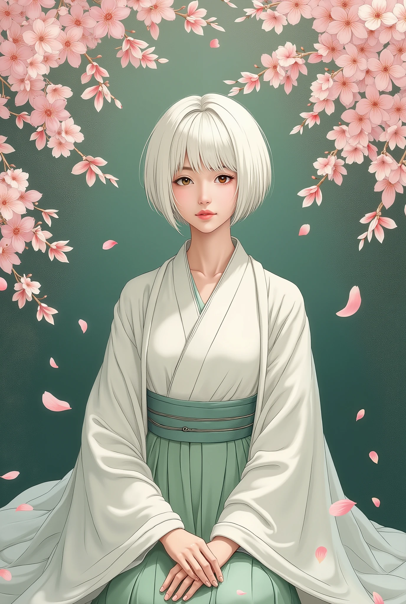 Anime girl in kimono outfit sitting under a tree with pink flowers ...
