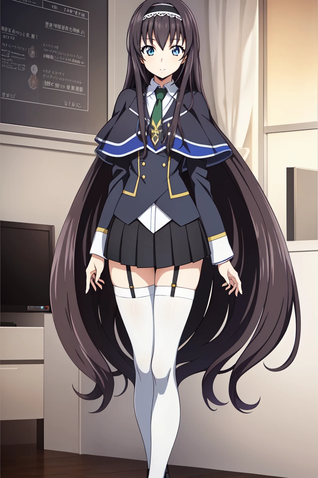 1 girl, cute, black long hair, (hair band), masterpiece, Jacket,black_skirt, green tie, miniskirt, necktie, thigh highs, white_leg wear, capelet,school uniform, pleated_skirt, Black_hair,long_hair, blue_eyes, bangs, garter_straps, hairband, walking 1 girl, 20yo,Young female,Beautiful Finger,Beautiful long legs,Beautiful body,Beautiful Nose,Beautiful character design, perfect eyes, perfect face,expressive eyes, looking at viewer, in the center of the image,(light_smile:0.5), official art,extremely detailed CG unity 8k wallpaper, perfect lighting,Colorful, Bright_Front_face_Lighting,shiny skin, , (anime cels style, Masterpiece, best quality, high resolution, anime colored, anime poster style, anime key visual, sharp, 8k), beautiful blue eyes, 