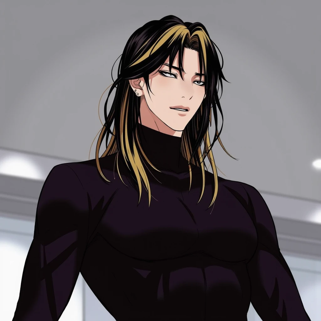 A scene in "Lookism" Manhwa featuring a Tall male athletic figure with long straight black and gold hair, sharp angular facial features, Elegant tall male figure, flowing golden wavy hair past shoulders, black turtleneck, slim fit dark clothing, confident relaxed pose, strong jawline, intense gaze, muted color palette, muscular and stern. dual colored hair, tired and extremely sleepy eyes, eyebags. extremely tired half closed eyes